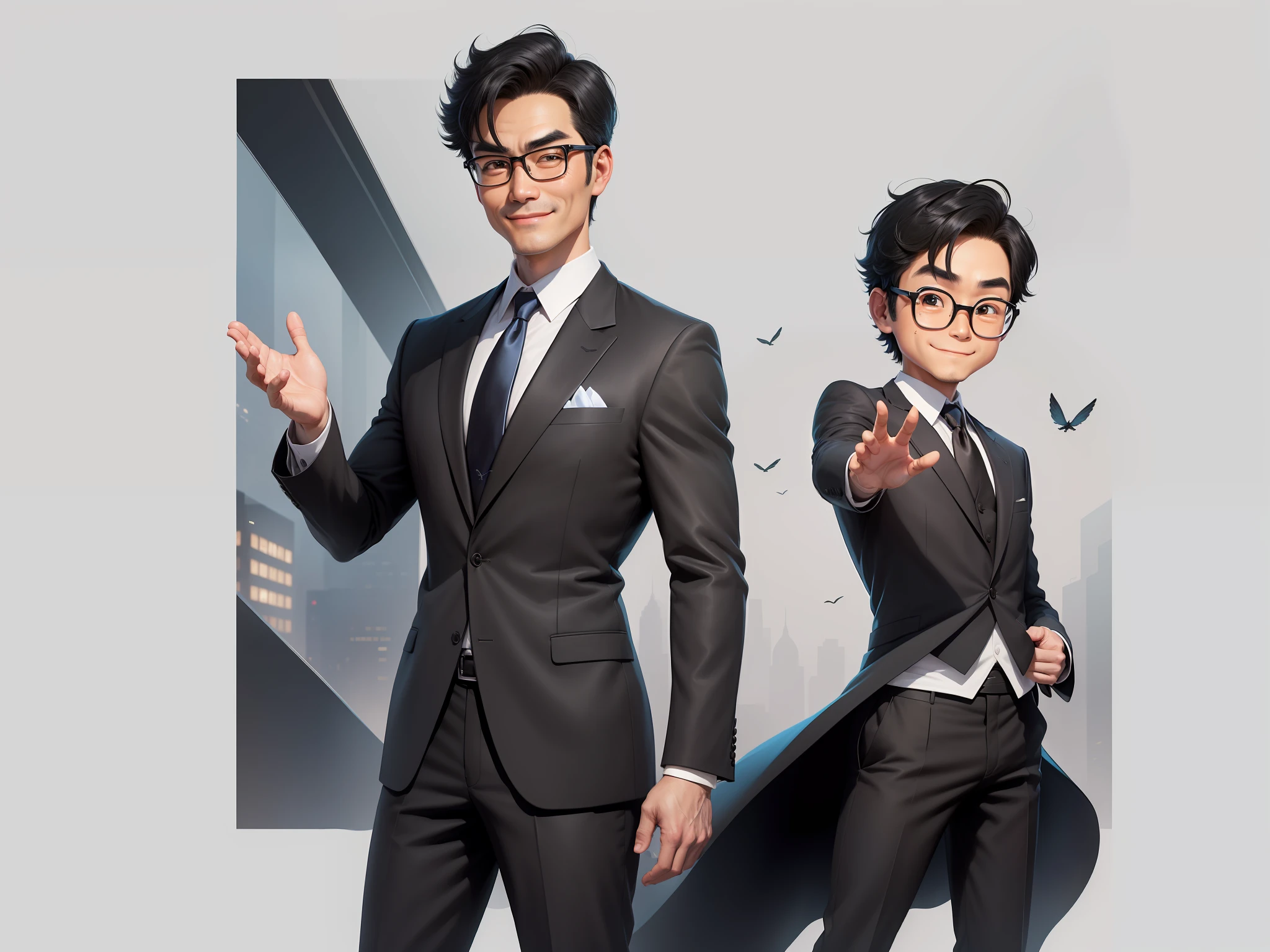(Masterpiece), (Excellent), (Super Meticulous), (Full Body: 1.2), 1girl, Chibi, Cute, Smile, Open Mouth, Taiwanese middle-aged uncle male portrait, extremely detailed face, black hair, (super short hair) middle-aged handsome uncle, Taiwanese man, silver glasses, slightly chubby face, very clean face, black super short hair, black eyes, black suit, blue tie, confident smile, digital painting, film, character design of Mark Laydon and Pixar and Hayao Miyazaki, the illustration is a high-definition illustration in 4K resolution, With very detailed facial features and cartoon-style visuals.