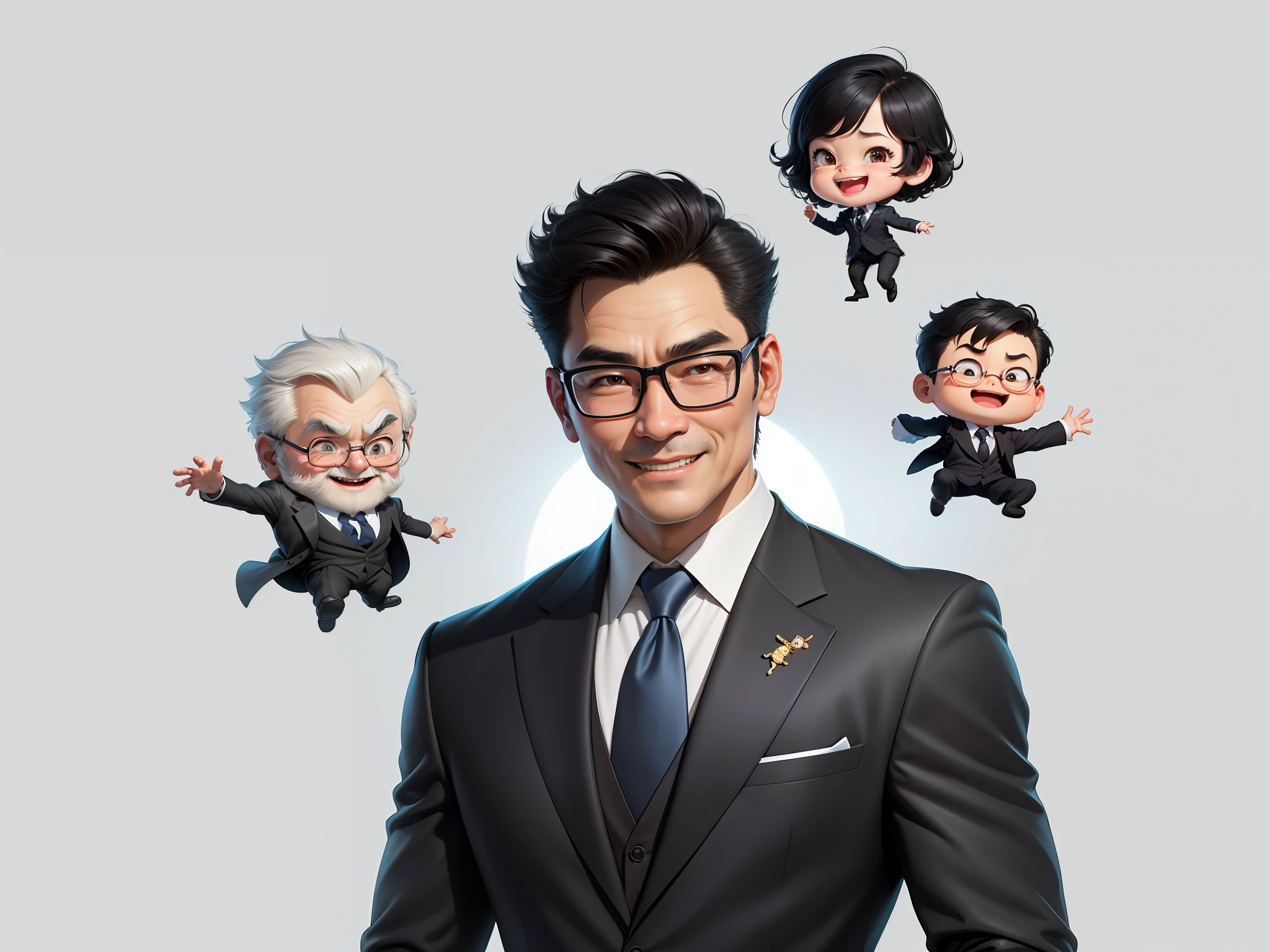 (Masterpiece), (Excellent), (Super Meticulous), (Full Body: 1.2), 1girl, Chibi, Cute, Smile, Open Mouth, Taiwanese middle-aged uncle male portrait, extremely detailed face, black hair, (super short hair) middle-aged handsome uncle, Taiwanese man, silver glasses, slightly chubby face, very clean face, black super short hair, black eyes, black suit, blue tie, confident smile, digital painting, film, character design of Mark Laydon and Pixar and Hayao Miyazaki, the illustration is a high-definition illustration in 4K resolution, With very detailed facial features and cartoon-style visuals.