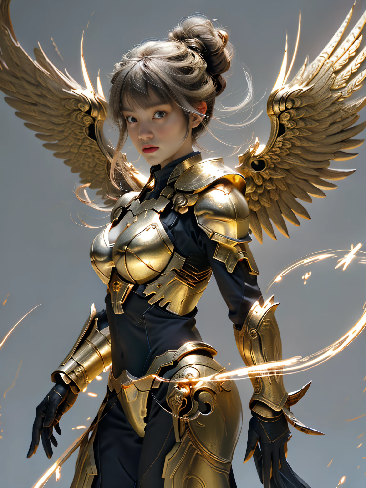 Valkyrie of War, with huge wings, metallic glowing wings, golden glowing background, white gold armor, three-point armor, bikini armor golden aperture at back, blonde hair, double bun, bangs, halo, glare, jitome, high detail, cinematic lighting, film grain, lens flare, denim lens, verism, god ray, 8k, super detail, high detail