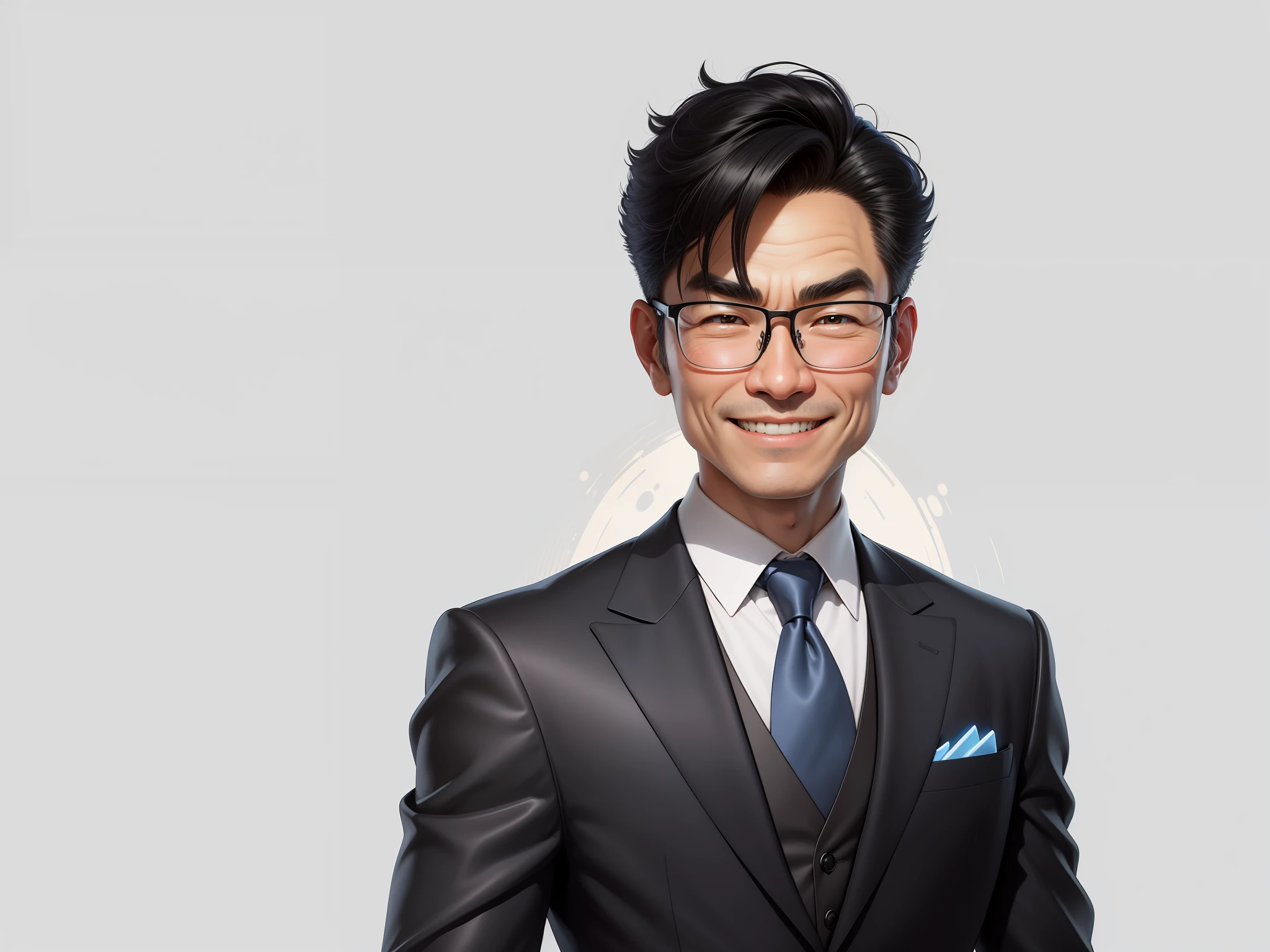 (Masterpiece), (Excellent), (Super Meticulous), (Full Body: 1.2), 1girl, Chibi, Cute, Smile, Open Mouth, Taiwanese middle-aged uncle male portrait, extremely detailed face, black hair, (super short hair) middle-aged handsome uncle, Taiwanese man, silver glasses, slightly chubby face, very clean face, black super short hair, black eyes, black suit, blue tie, confident smile, digital painting, film, character design of Mark Laydon and Pixar and Hayao Miyazaki, the illustration is a high-definition illustration in 4K resolution, With very detailed facial features and cartoon-style visuals.