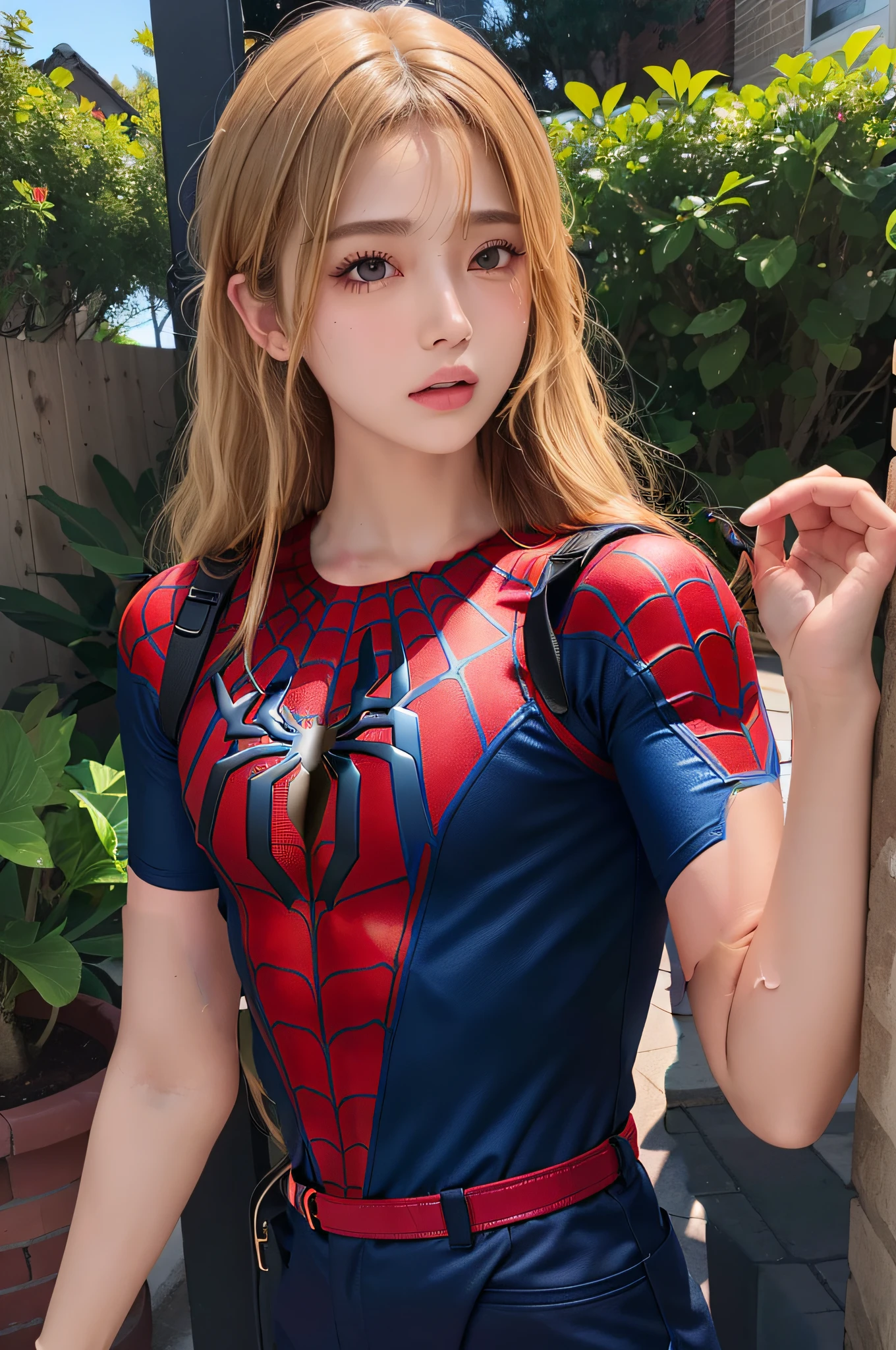 Spider-Man costume, Spider-Man tights, ((red and blue)), ultra-realistic, portrayed in detail, perfect body, sexy, ((upper body)),