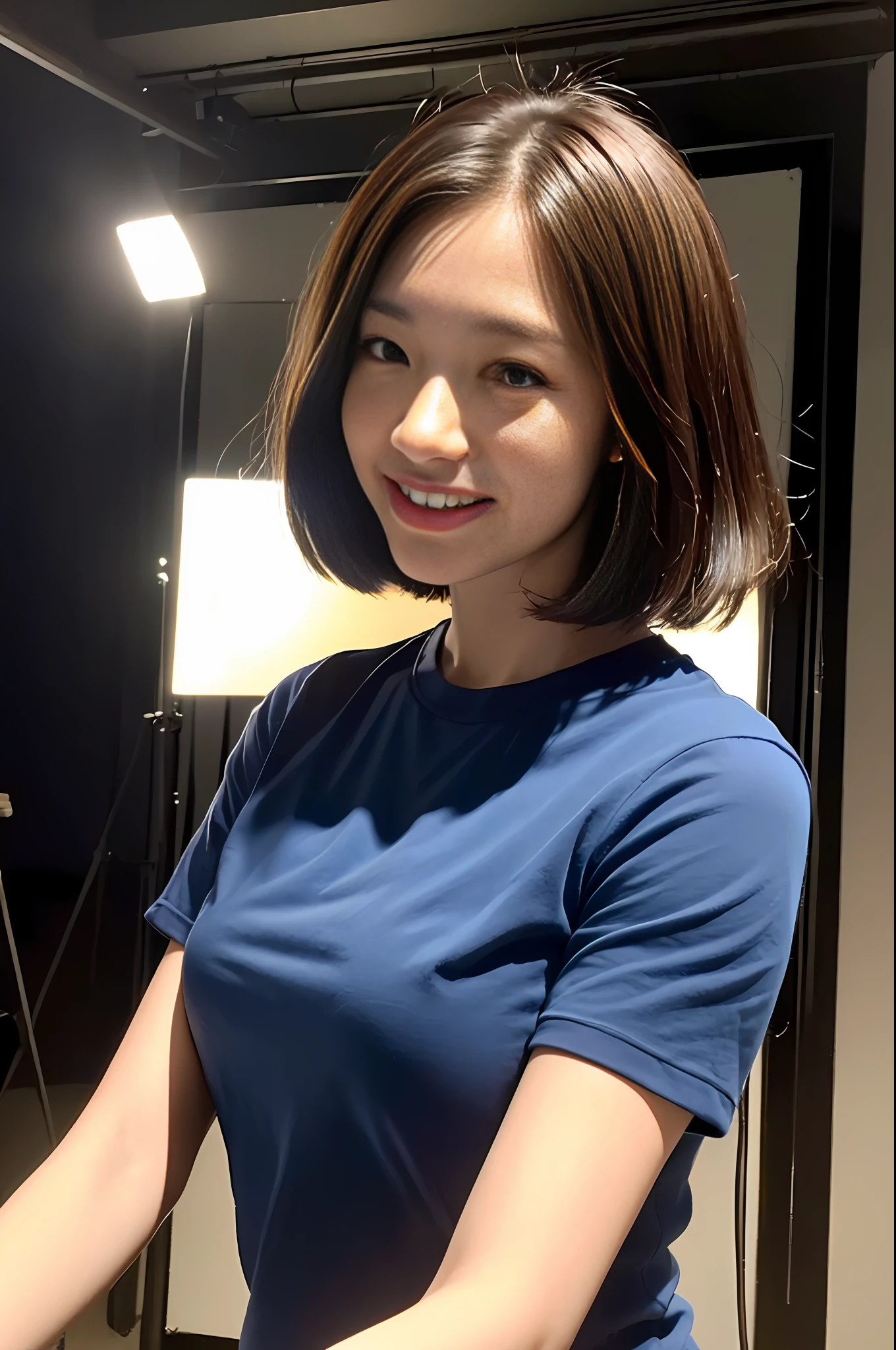 ((Realistic lighting, Best quality, 8K, Masterpiece: 1.3)), Clear focus: 1.2, 1girl, Perfect Figure: 1.4, ((dark brown hair, short hair)), (Blue shirt outside, White short sleeves inside: 1.4), (In the live room: 1.8), Super fine face, fine eyes, smile