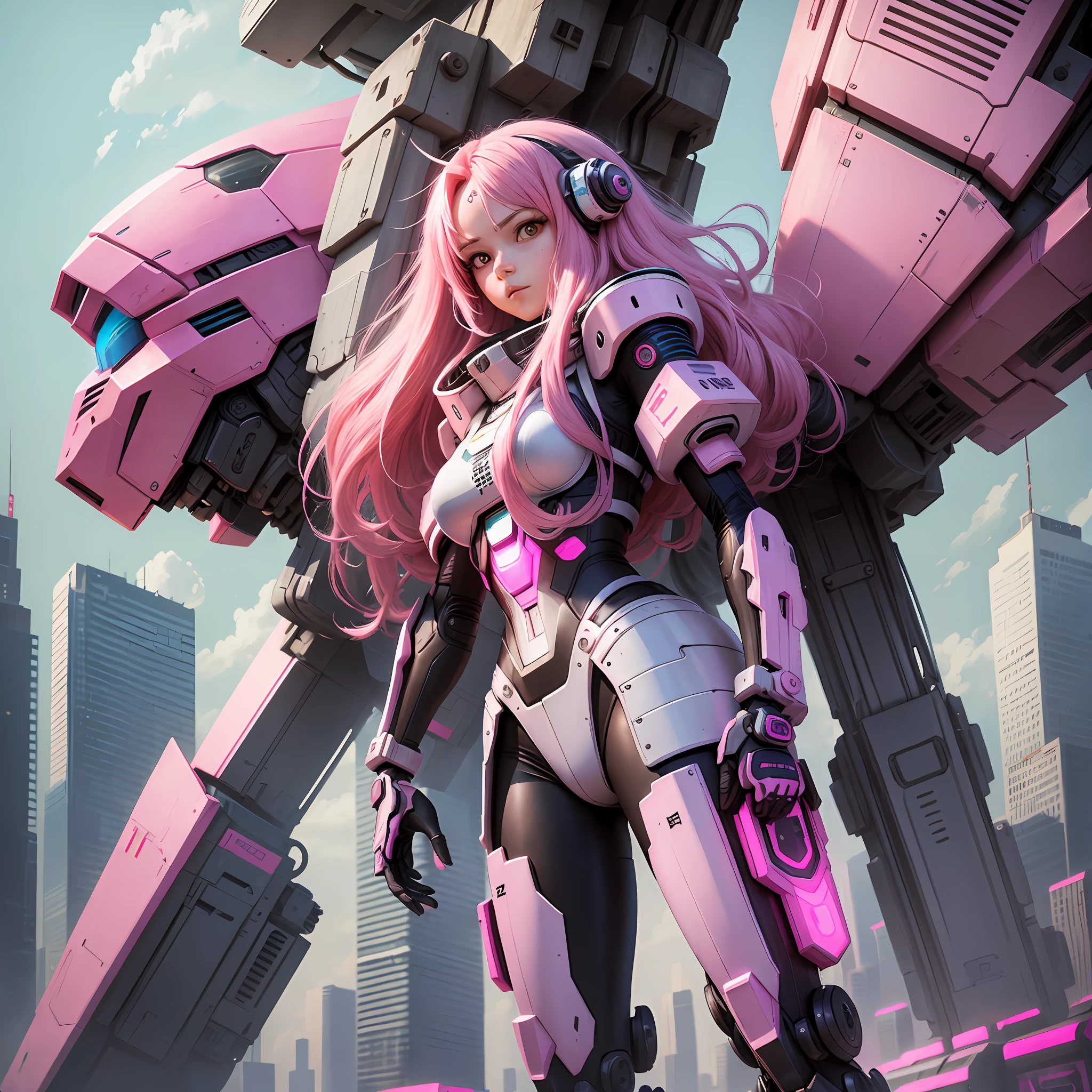 Giant Robot Girl Long Hair Pink Hair Cyberpunk Sci-Fi Future World Top Quality Masterpiece Gundam
