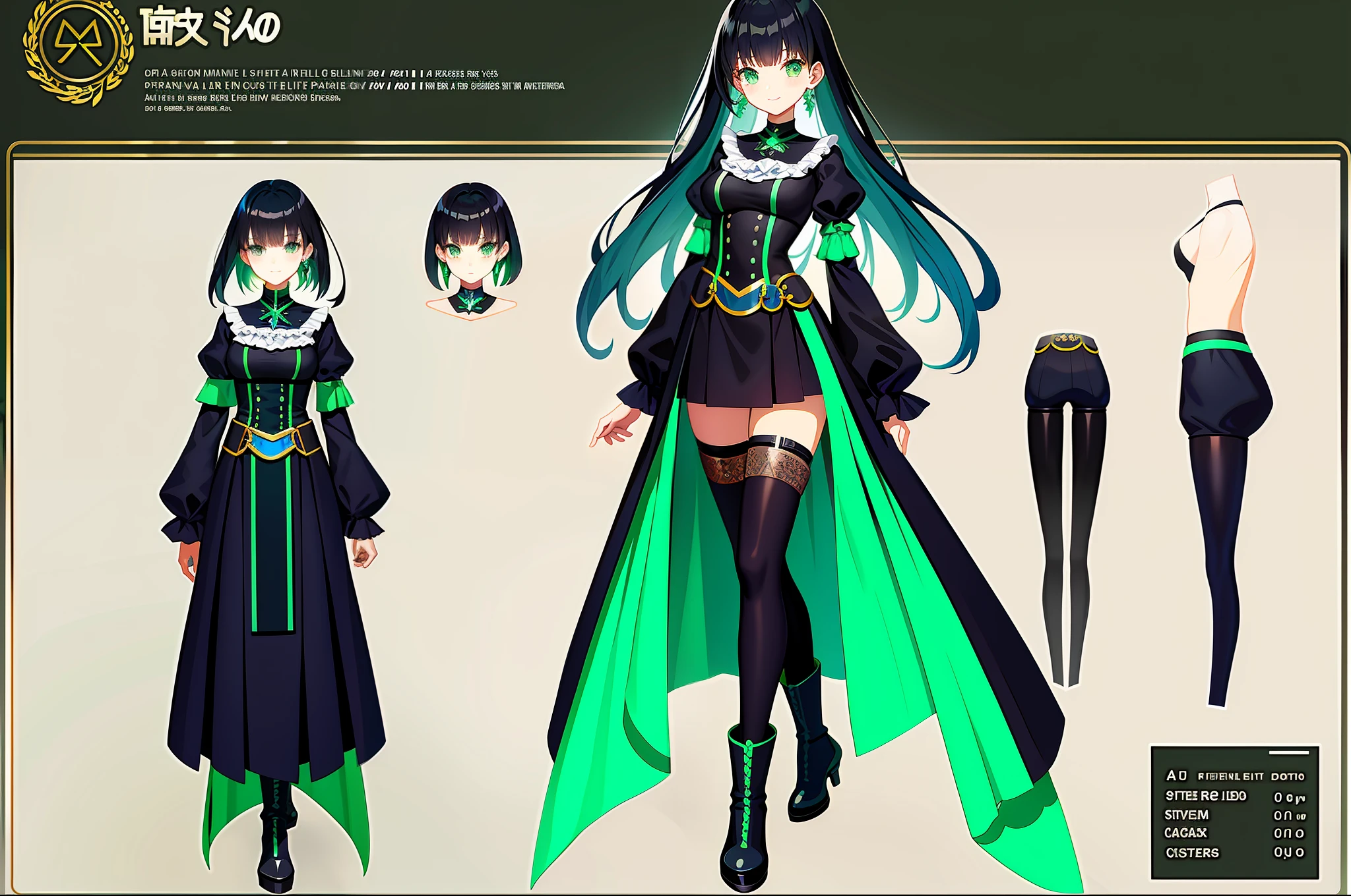 Magical girl with poncho black color scheme with hints of emerald green black hair holding with boots full body character concept art full body anime reference sheet