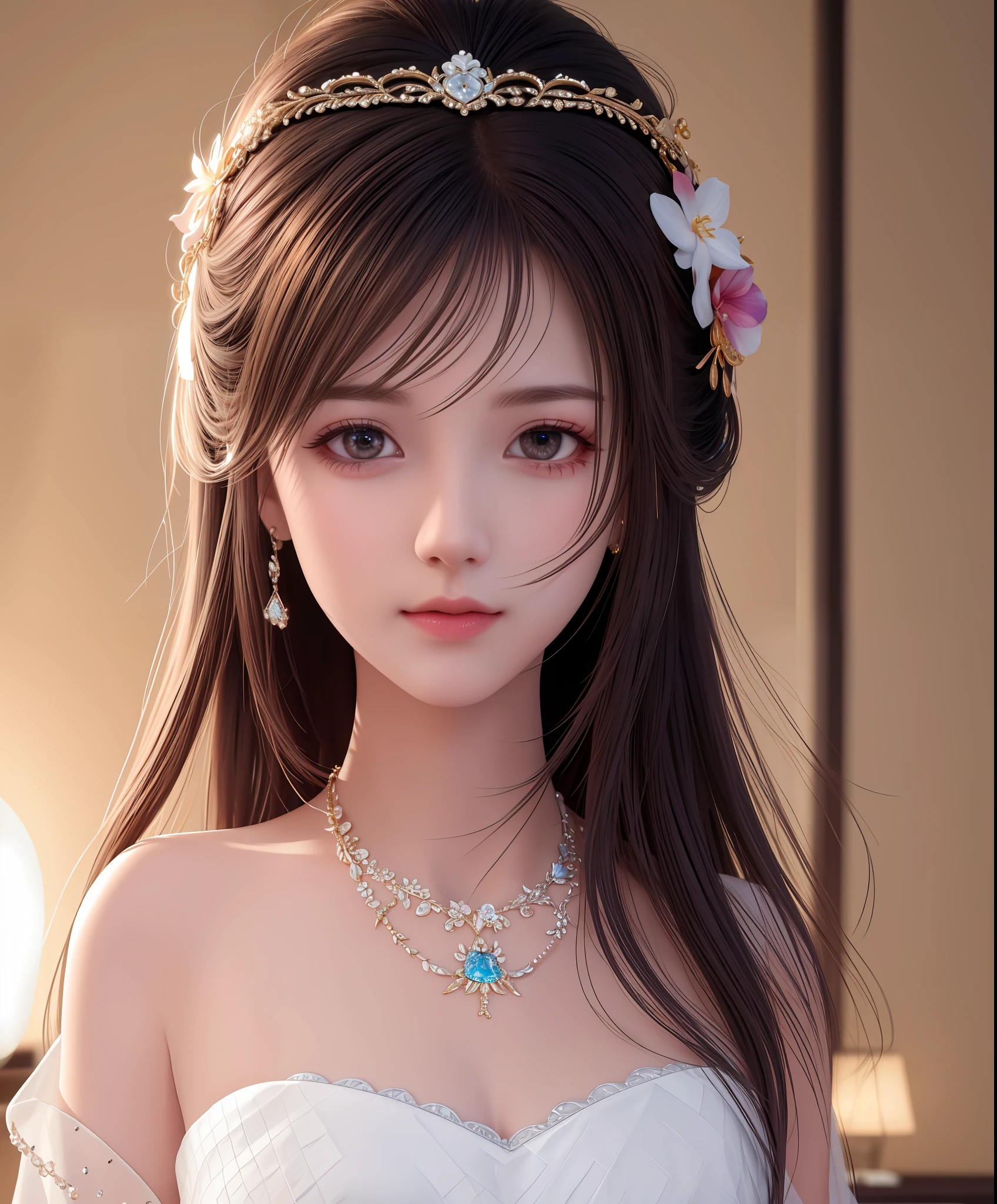 Best quality, masterpiece, high resolution, 1girl, porcelain dress, hair accessories, necklace, jewelry, beautiful face, on the body, Tyndall effect, realistic, dark studio, edge lighting, two-tone lighting, (high detail skin: 1.2), 8k UHD, dslr, soft light, high quality, volumetric light, candid, photo, high resolution, 4k, 8k, background blur,