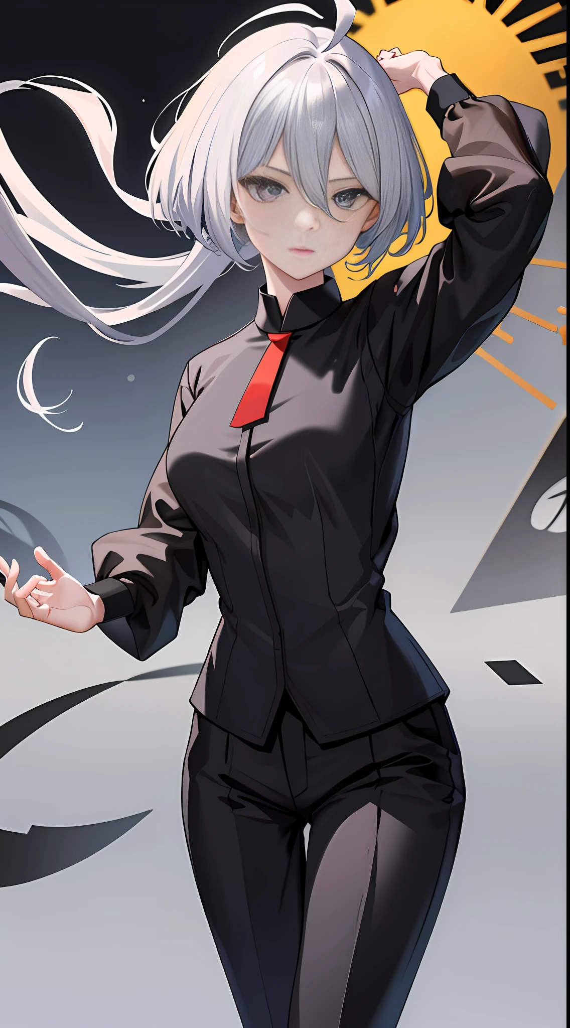 Masterpiece, Best Quality, High Resolution, Myorin 1, Myorin Remblanc, Black Suit & Pants, (White Shirt), Solo, Long, Gray, Gray, Ahoge, Bangs, Hair Between Eyes, Floating Hair, Medium, Dignified Face. Speech on the stage of parliament