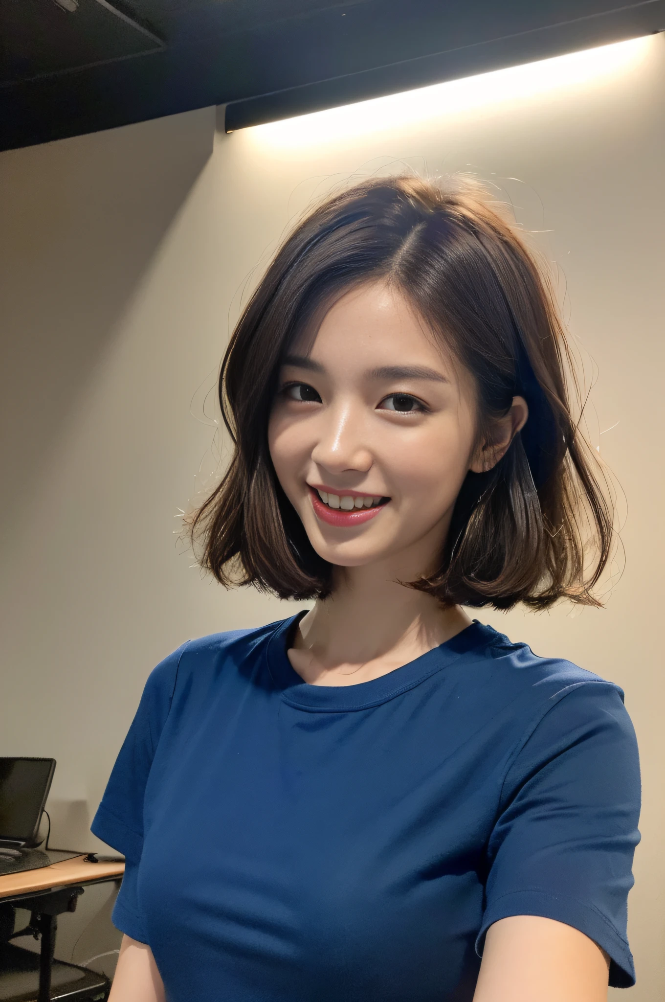 ((Realistic lighting, Best quality, 8K, Masterpiece: 1.3)), Clear focus: 1.2, 1girl, Perfect Figure: 1.4, ((dark brown hair, short hair)), (Blue shirt outside, White short sleeves inside: 1.4), (In the live room: 1.8), Super fine face, fine eyes, smile
