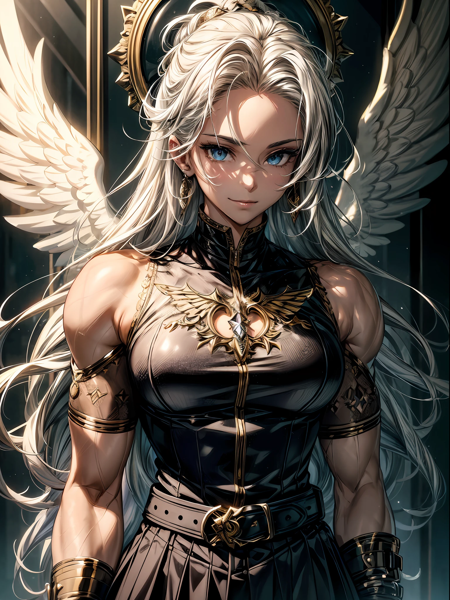 ((Best quality)), ((masterpiece)), ((highly intricate details)),beautiful, high quality, highres, absurdres, light difussion, intricate details, complex details, ((anime)), (anime:1.2) , (perfect face:1.3), extreme detailed eyes, colorful, highest detailed, vibrant colors, high contrast, (8K UHD:1.2), (photorealistic:1.2),(masterpiece:1.4), (best quality:1.4),extremely detailed wallpaper, highly detailed illustrations, (1 Boy), (best lighting) , (super-complex details) , 4K unified, (super-detailed CG: 1.2) , (8K: 1.2),(original), (masterpiece) , (best quality) , (reality: 1.3) , photorealistic, Octane rendering, (surreal: 1.2) , (solo), webtoons art, semi-realistic art, halfbody, male, attractive male, handsome, adult, ikemen, ((semi-realistic sharp narrow ikemen eyes)), cool, lean-built, ((brown skin)), (brown eyes), (gold halo), gold white angel wings, (piercings), accessories, black gold belt, gold cross necklace, (seductive smile), short stylish side-swept cool disheveled platinum-blonde light-yellow hair, detailed embellished white gold black vest shirt fantasy coat, (black tattoos), glossy hair, (detailed eyes), chromatic aberration, iridescent, luminescent, (masterpiece), best quality, highest quality, (absurdres), detailed, ultra-detailed, hyper-detailed, light particles, (high sharpness), ultra detailed textures, (8k), (HD), glaze, hungry clicker, high up in the sky, clouds, face-centered, face focus, male, ikemen, handsome