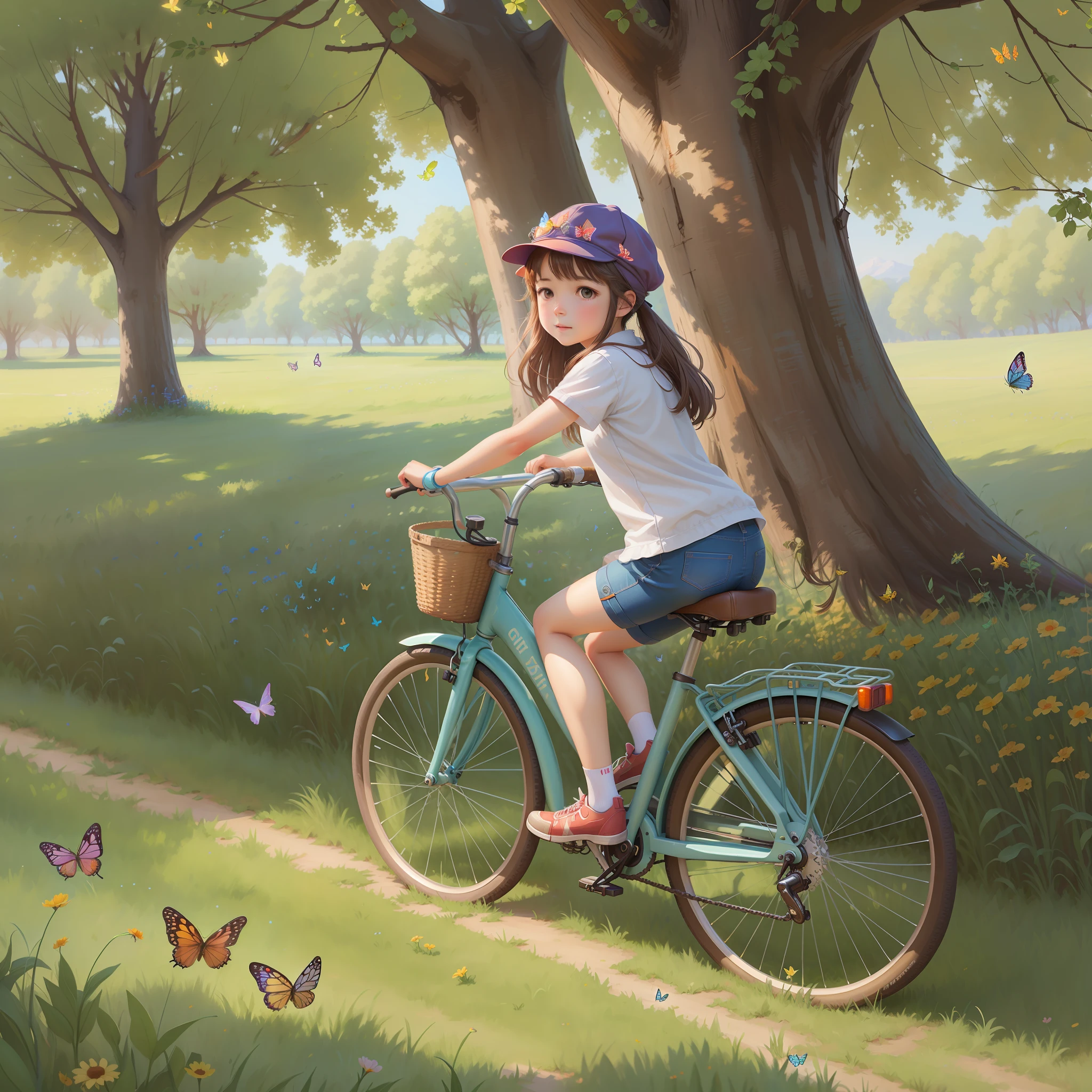 painting of a girl riding a bike in a field with butterflies, riding a bike, a beautiful artwork illustration, by Li Song, by Ni Duan, john park, inspired by mark keathley, by Ni Yuanlu, by Leng Mei, childrens art in artstation, by Yang J, bicycle, andy park, by Jung Park