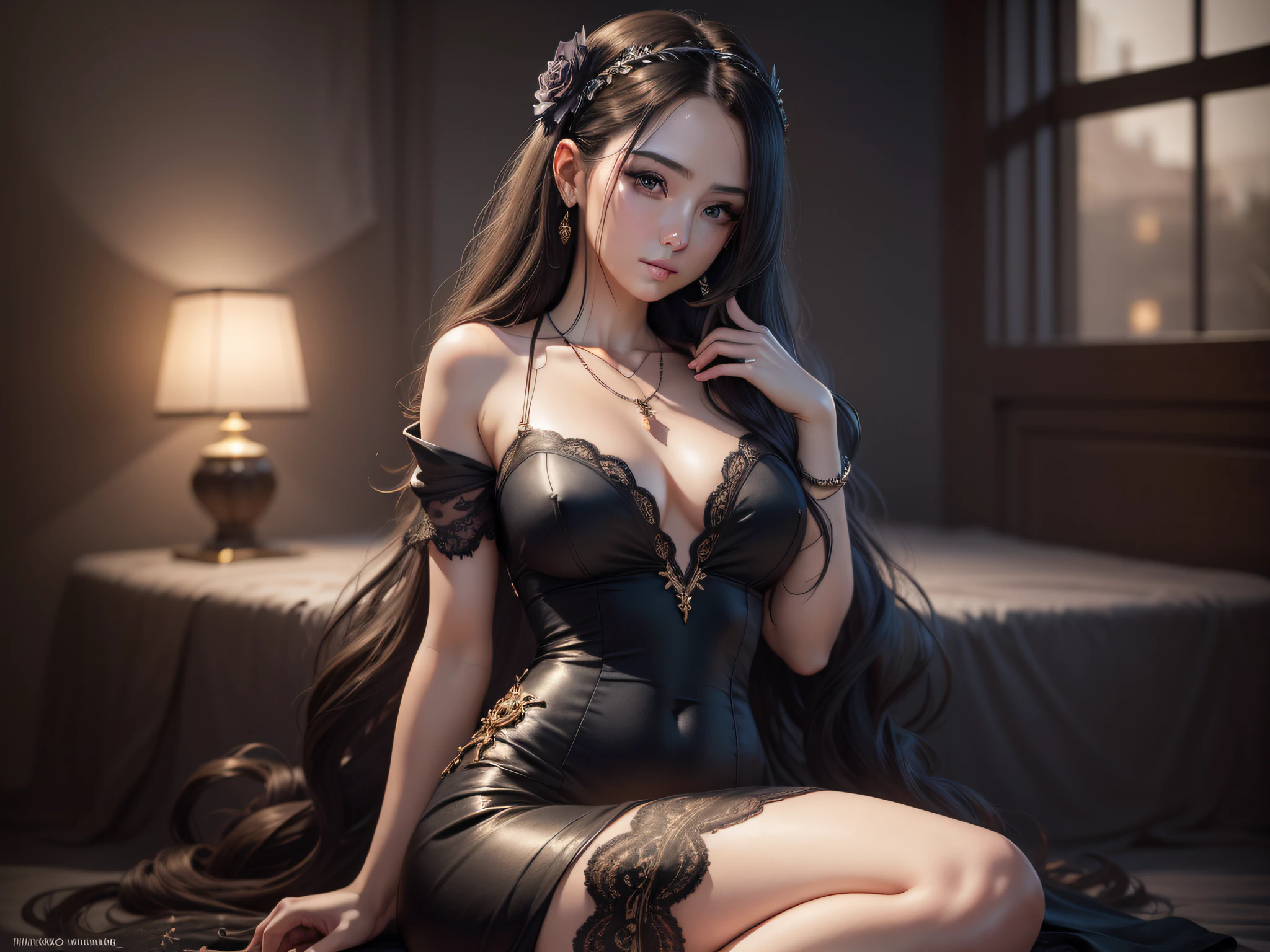 Best Quality, Masterpiece, High Resolution, 1Girl, Porcelain Dress, Hair Accessories, Necklace, Jewelry, Beautiful Face, Body, Tyndall Effect, Realistic, Dark Studio, Edge Lighting, Two-tone Lighting, (High Detail Skin: 1.2), 8K UHD, DSLR, Soft Light, High Quality, Volumetric Light, Voyeur, Photo, High Resolution, 4K, 8K, Black Silk, Full Body Shot