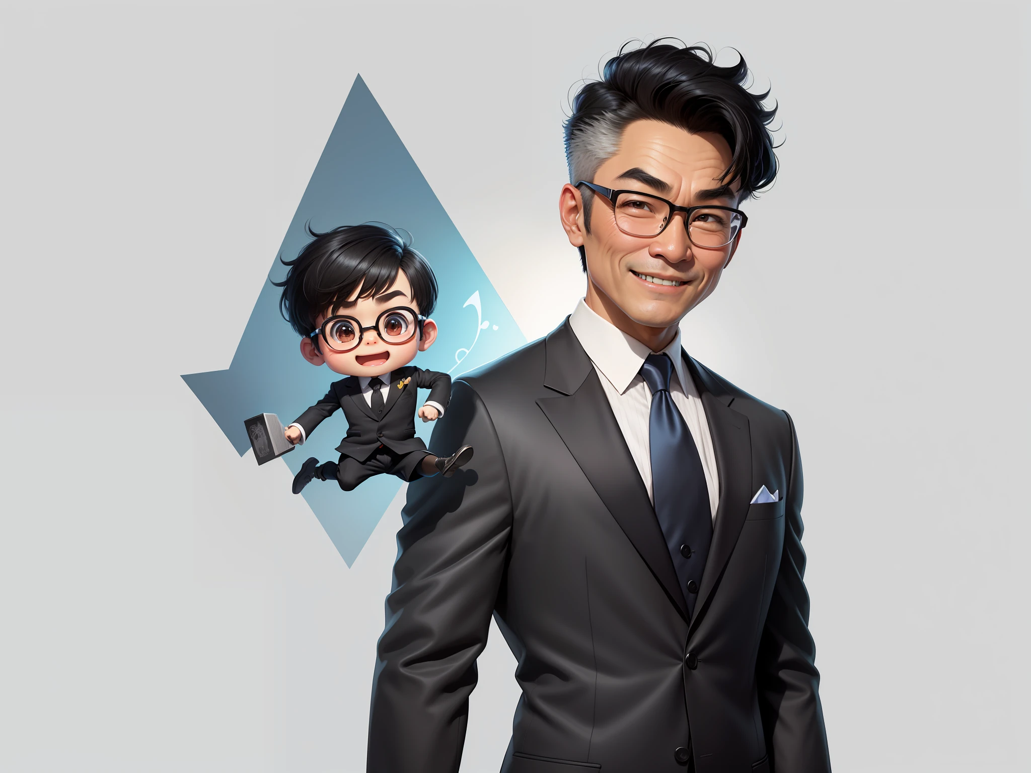 (Masterpiece), (Excellent), (Super Meticulous), (Full Body: 1.2), 1girl, Chibi, Cute, Smile, Open Mouth, Taiwanese middle-aged uncle male portrait, extremely detailed face, black hair, (super short hair) middle-aged handsome uncle, Taiwanese man, silver glasses, slightly chubby face, very clean face, black super short hair, black eyes, black suit, blue tie, confident smile, digital painting, film, character design of Mark Laydon and Pixar and Hayao Miyazaki, the illustration is a high-definition illustration in 4K resolution, With very detailed facial features and cartoon-style visuals.