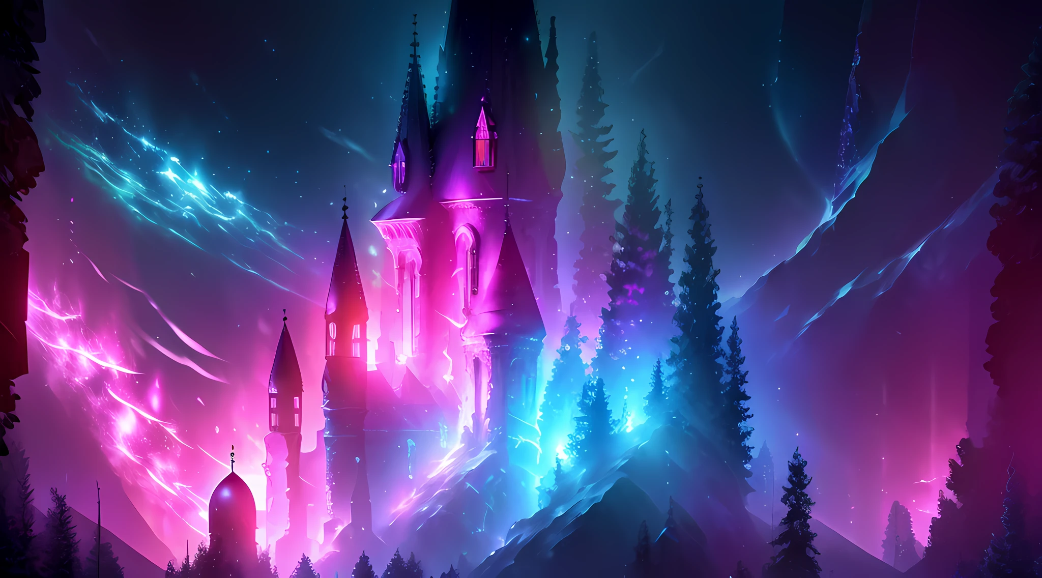 (deep in the night, deep in the night, deep in the night) I see a beautiful, detailed 8k artwork with a sugary pink crystal castle, sparkling gold, and a fairytale landscape against a magical night sky.8k