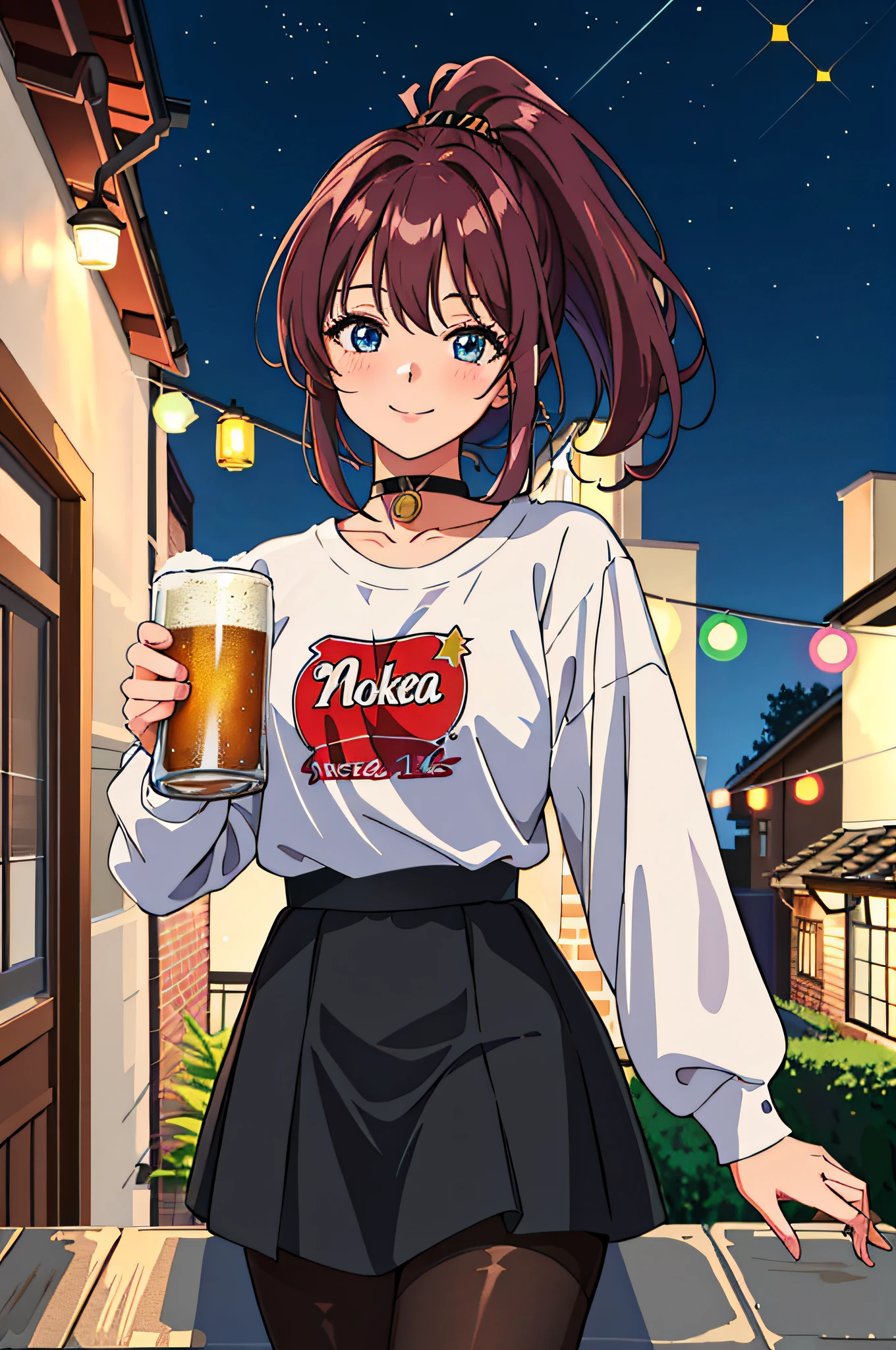 (best quality), (masterpiece), 21 year old Moka, ponytail, holding a beer glass, at a roof party at night, wearing a cute skirt, cute long-sleeve t-shirt, pantyhose, choker, flushed cheeks, looking at viewer, flirty smile, warm atmosphere, detailed eyes, sparkling eyes