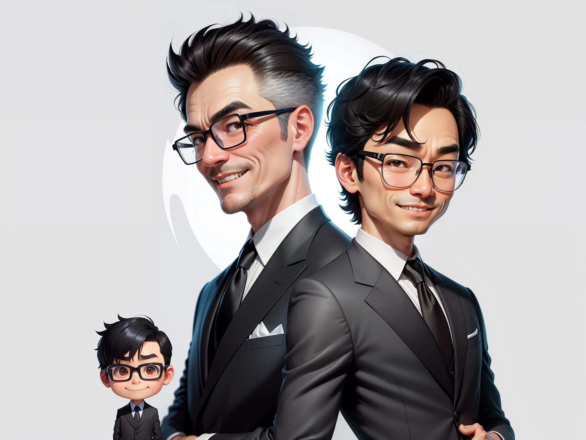 (Masterpiece), (Excellent), (Super Meticulous), (Full Body: 1.2), 1girl, Chibi, Cute, Smile, Open Mouth, Taiwanese middle-aged uncle male portrait, extremely detailed face, black hair, (super short hair) middle-aged handsome uncle, Taiwanese man, silver glasses, slightly chubby face, very clean face, black super short hair, black eyes, black suit, blue tie, confident smile, digital painting, film, character design of Mark Laydon and Pixar and Hayao Miyazaki, the illustration is a high-definition illustration in 4K resolution, With very detailed facial features and cartoon-style visuals.