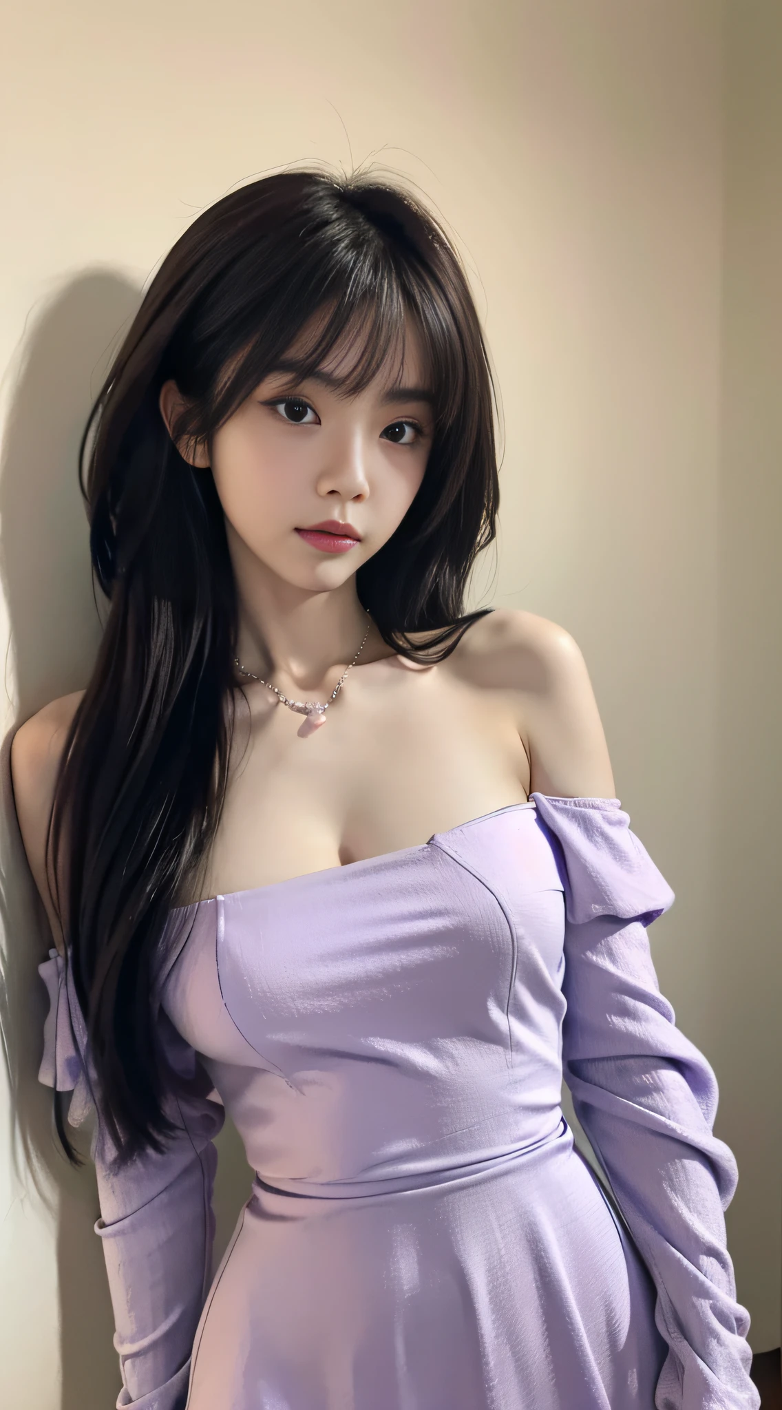 A Chinese woman on off-white wall background, fluffy hair, delicate face, realistic, real, slender, large aperture, wearing a light purple dress, round neck dress, off-the-shoulder dress, tight dress, with necklace,