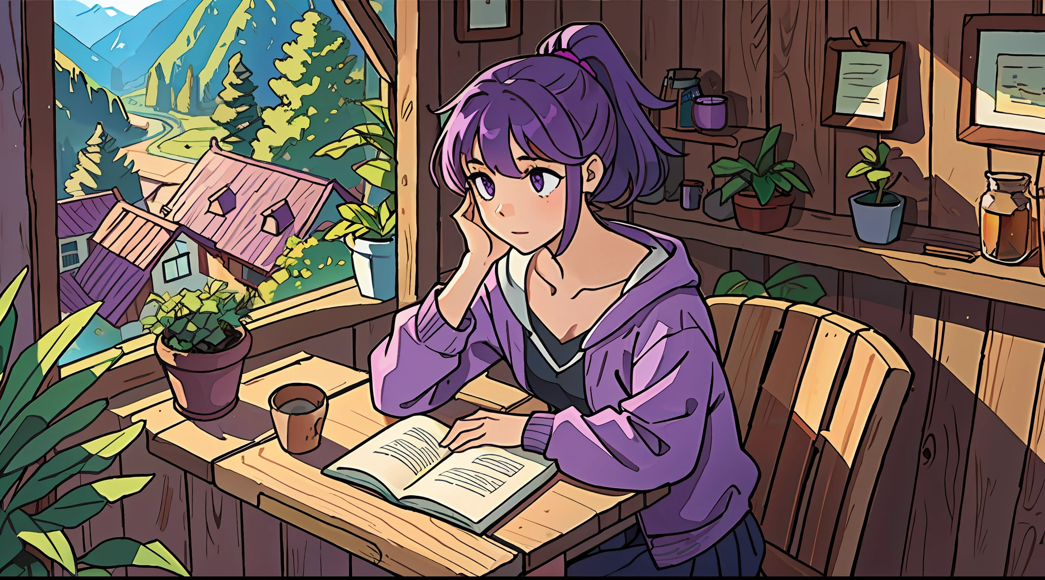 A girl, purple hair, high ponytail hairstyle, witch, in the hut, small wooden table, sitting on wooden chair, reading, potted plants, forest, single