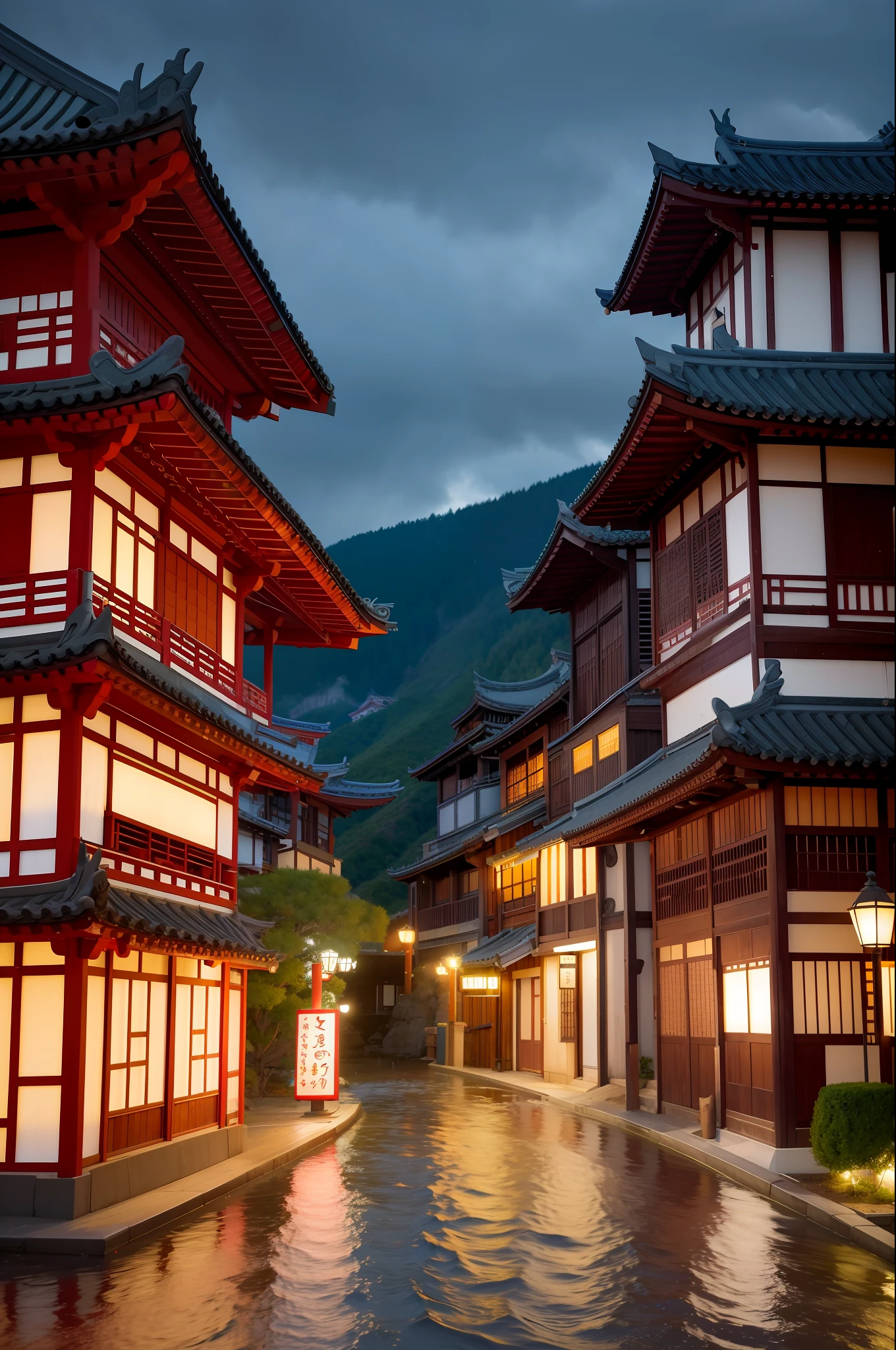 arafed view of a village with a lot of lights on the buildings, dreamy chinese town, chinese village, amazing wallpaper, japanese town, japanese village, hyper realistic photo of a town, old asian village, japanese city, by Raymond Han, rainy evening, cyberpunk chinese ancient castle, beautifully lit buildings, at evening during rain, beautiful and aesthetic, photography, cinematic, 8k, high detailed ((Heavy rain)))