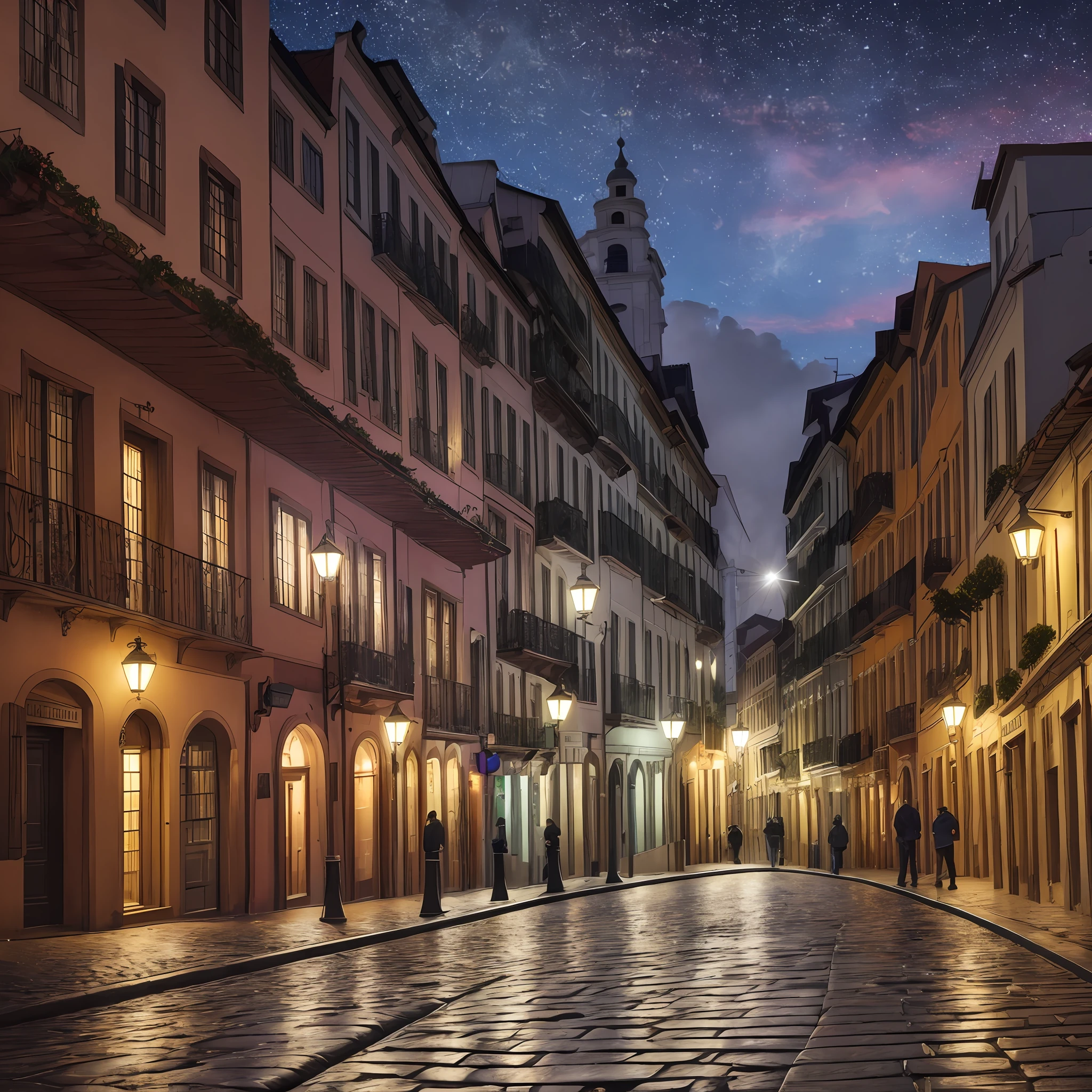 (with incredibly intricate, ultra-detailed, CG, 8k wallpaper-like), (masterpiece), (realistic), (photorealistic: 1.2), (raw photo: 1.2), (best quality: 1.2), (detailed: 1.4), (beautifully detailed: 1.2), street illuminated by light, enormous file size, dramatic cinematic lighting. cyber-punk style. Curitiba, Largo da Ordem, Urban historic center with over 300 years, cobblestone streets, ruins, old buildings mixed with modern ones like skyscrapers and houses. It is nighttime, the streets are empty, there is fog in the area, and the atmosphere is that of a dark, mysterious, and magical place. --auto --s2