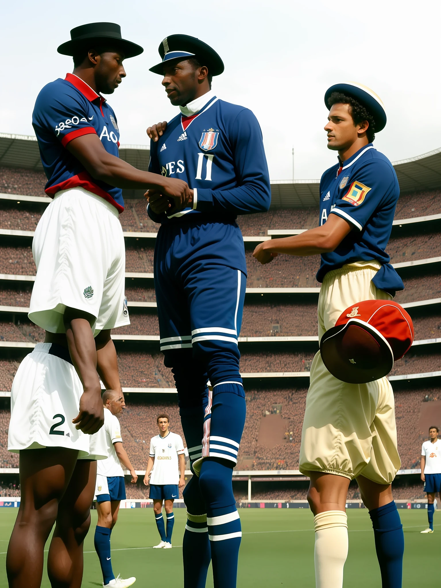Tower of Paris with Pelé giving a hat to Napoleon and Julio Cesar