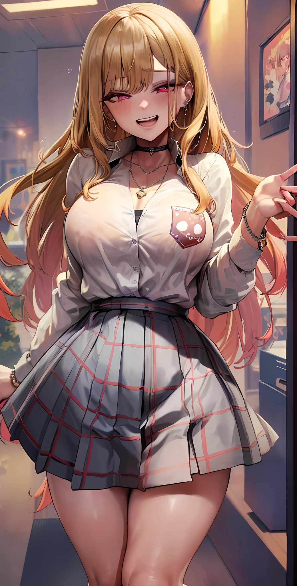 Masterpiece: 1.4), (Best Quality: 1.4), 8K, HD, Ultra Clear, 1Girl, (Big: 1.4), Long Blonde Hair, (Heart-Shaped Pupil: 1.3), Frightened: 1.3, (Laughing: 1.4), Skirt, (Looking Up), Bedroom at Night, Necklace, Messy Clothes, Shy, Bluch