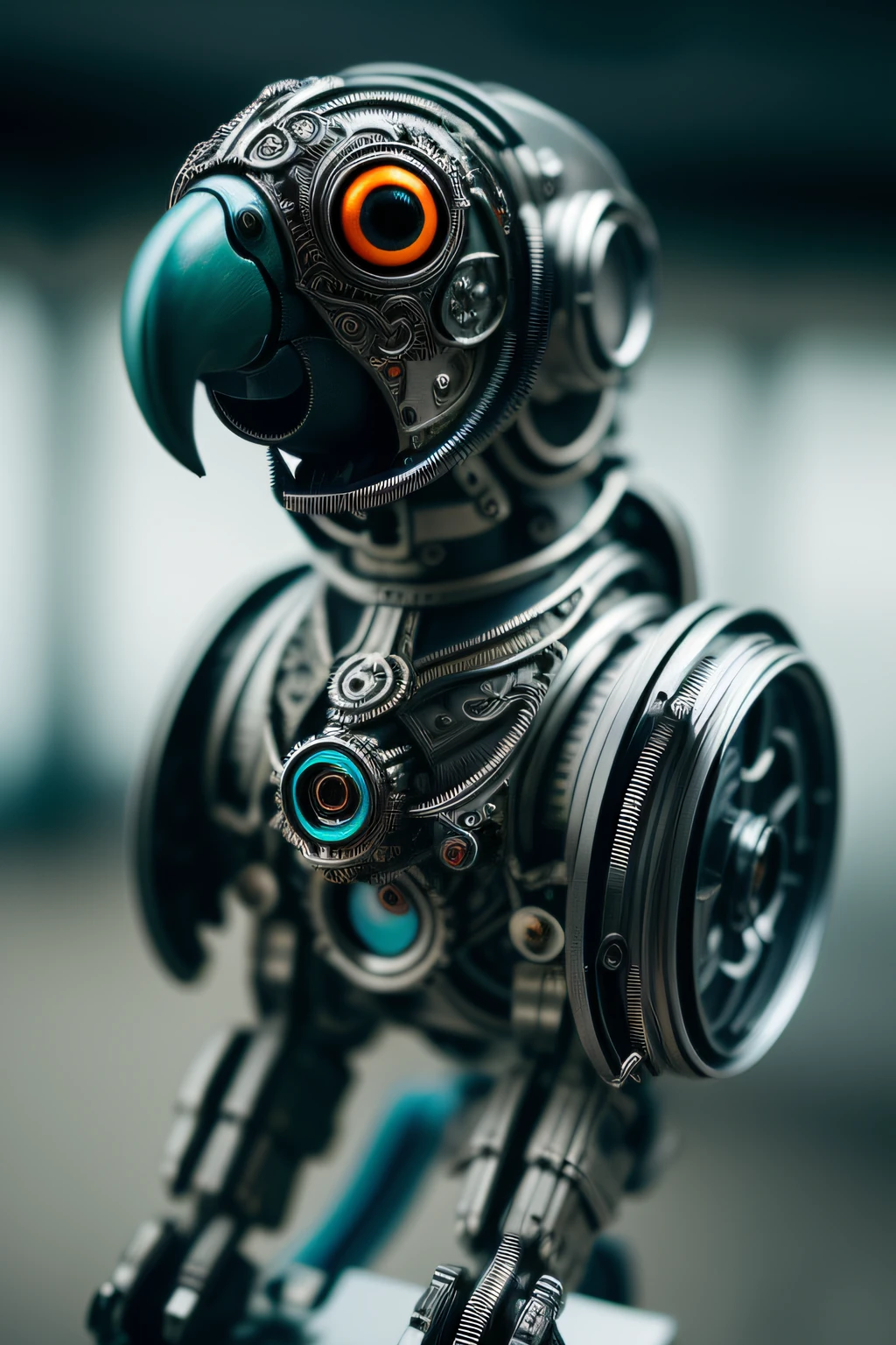 RAW photo, a cute parrot made out of metal, cyborg, cyberpunk style, ((intricate details)), hdr, ((intricate details, hyperdetailed)), cinematic shot, vignette, (high detailed skin:1.2), 8k uhd, dslr, high quality, film grain, Fujifilm XT3