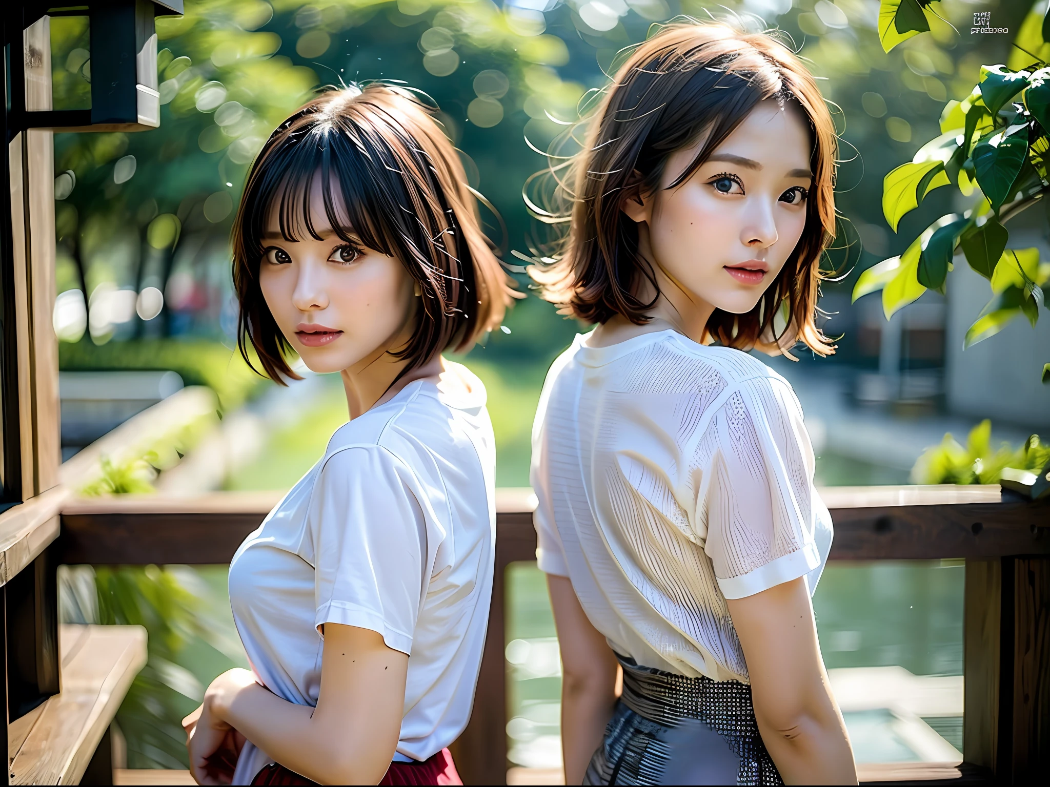 (8k, Best Quality, Masterpiece:1.2),(hair_style) ,(Realistic, Photorealistic:1.37), Best Quality, Masterpiece, Shot on a wooden deck with a view of the sky and sea in the summer sun, [Small breasts], Two models with similar atmosphere, model pose for two, High balance, backlight, camera angle from the waist up, angle from behind, pose with hands pulling up hair, Shot in natural light from morning to noon, hairstyle and fashion style according to the trend of Japan in 2023, realistic, lifelike, super detailed, beautiful face, 30s, actress, Japan and half Russian model, elaborate CG, slender, cute, mature, hairstyle is a short bob cut that matches the fashion of Japan in 2023, hair fluttering in the wind, delicate skin quality, The fine details and softness of the hair, the model's hair color is slightly bright and soft, the glossy makeup and fashion style choose an oversized T-shirt that matches the summer trend of 2023, and the impression is energetic with surf fashion with little exposure.