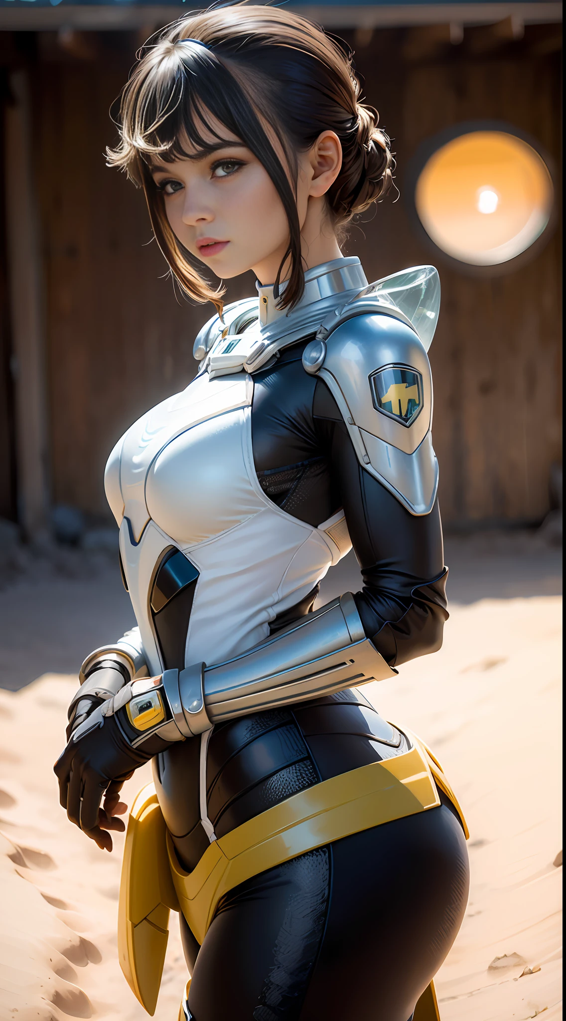 Wasp Girl, Desert, (inspired by the Avengers), Tight Gel Coat, Machine Girl, Safety Rating, Back Lens, Back View, (8k, foto RAW, fotorrealista: 1, 25), (muito brilho labial, muitos cílios, melhor qualidade, ultra alta resolução, profundidade de campo, Aberração cromática, luz ampla, cor natural, distant image (1:2)