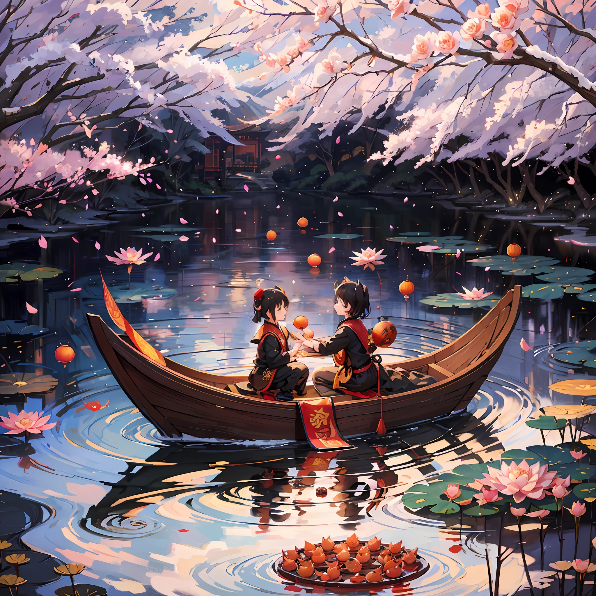 Chinese style, Chinese New Year painting, lotus, carp, school of fish, lotus root, lake water, sunset, playing with schools of fish, happy, 1 young little boy, double ball head, black hair --auto --s2