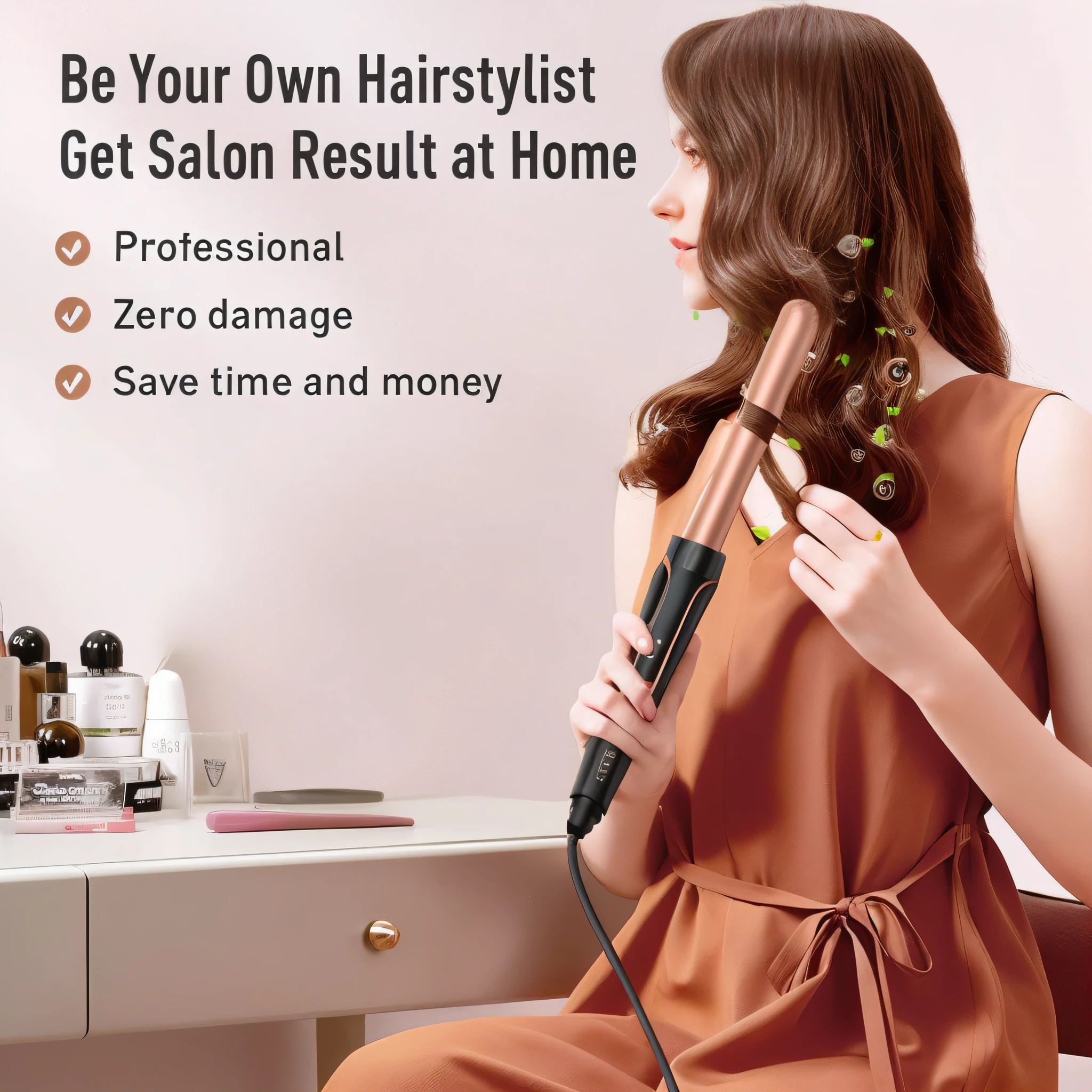 Woman sitting in chair with curling iron in hand, wavy expressive hair, easy to use, unique style, with long hair and charming features, award-winning style, hair, half length, styling hair, long curly hair, first place winner, album cover, looks realistic, professional product photos, master, style, surreal