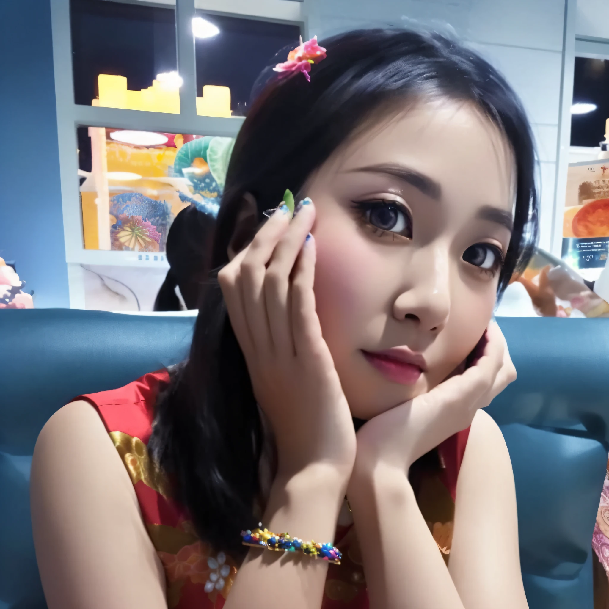 (CG food artwork,best illumination,best shadow,detailed),(beautiful anime thai girl,nivanh chanthara,36 years old,profile),(sitting at a table, dynamic angle, bright and colorful plate of food)