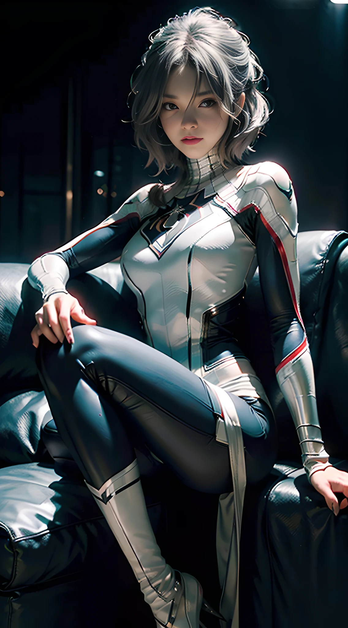 (Extreme Detail CG Unity 8K wallpaper, masterpiece, highest quality), (Exquisite lighting and shadow, highly dramatic picture, Cinematic lens effect), a girl in a white Spider-Man costume, silver gray hair color, from the Spider-Man parallel universe, Wenger, Marvel, Spider-Man, sitting on the couch, dynamic pose), (excellent detail, excellent lighting, wide angle), (excellent rendering, enough to stand out in its class), focus on white Spider-Man costumes, complex spider textures