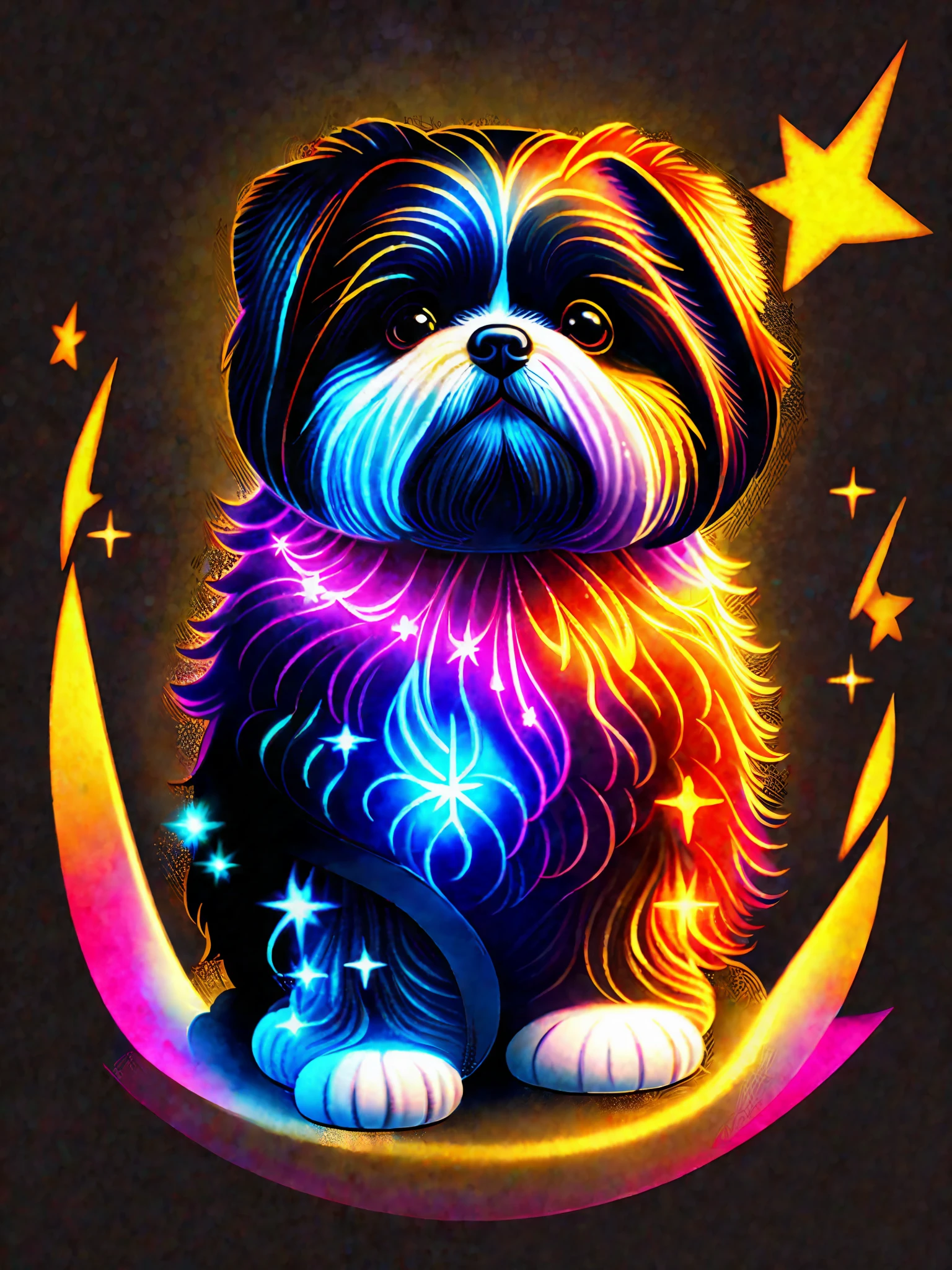 Illustration of colorful dog Shih Tzu on black background, breathtaking rendering, within a glowing connection, Kinuko Y. Craft, magical elements, kitten dog icons, wow, beautiful, multi-colorful spells, bright flashes, flash casting