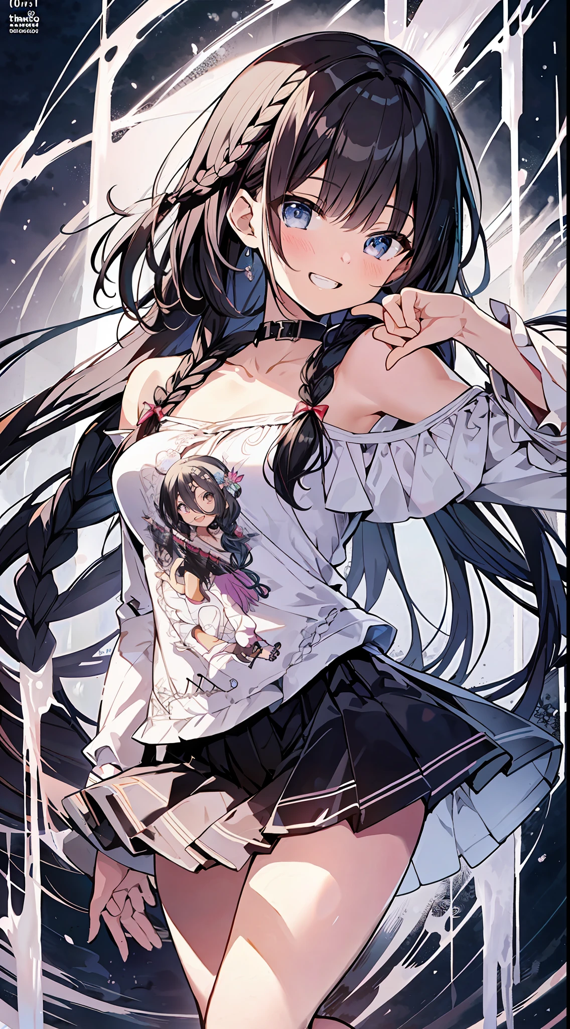 Best Quality, Best Masterpiece, Ultra High Definition, 8k, Punk Style Fashion, Shojo Manga Style Loli, Single, Soft Line Art, Digital Enhancement, Shoujo Manga Touch, Shoujo Manga Core, Flowing Fabric, Close Up, ((Hair length to shoulder and short braid)), staring at us from the front, soft drawing, Beautiful black hair, Clear eyes, grin, teeth, Wide mouth, ultra-detailed digital anime art, clear face depiction, ultra-detailed shojo manga character art, ultra-detailed manga style, top quality colors, hand gestures, foot-up angles, outdoor