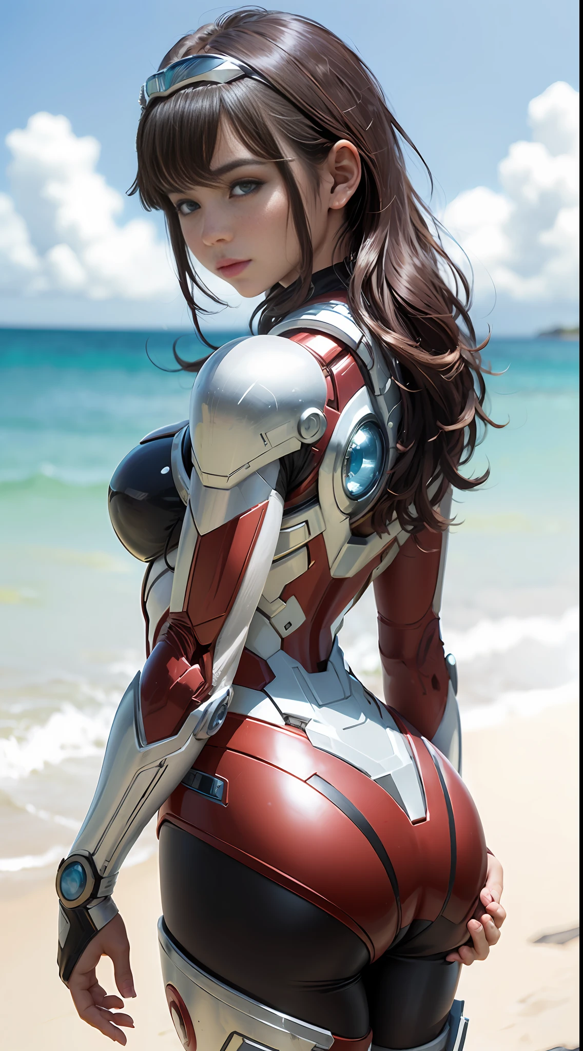 Iron Man, Seaside, (inspired by the Avengers), Mecha Girl, Robo Maiden, Safety Rating, Back, Back to Camera, Ass, (8K, foto RAW, FotorRealista: 1, 25), (Muito Brilho Labial, Muitos Cílios, Melhor Qualidade, Ultra Alta Resolução, Profundidade de Campo, Aberração cromática, luz ampla, cor natural, distant image (1:2)