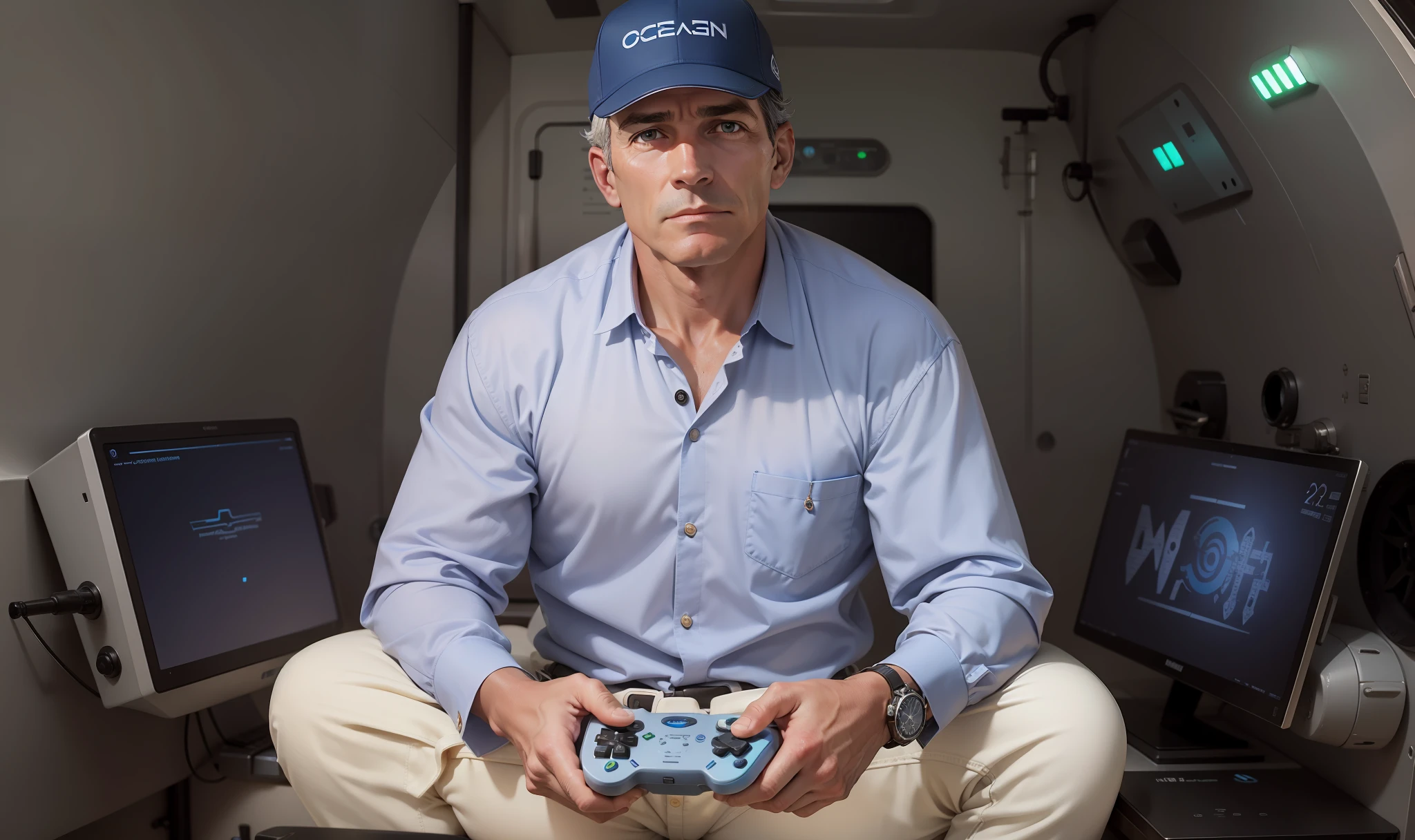 "(Rush Stockton, CEO of OceanGate, with 55 years old) holds a controller while looking forward inside a submarine." --auto --s2