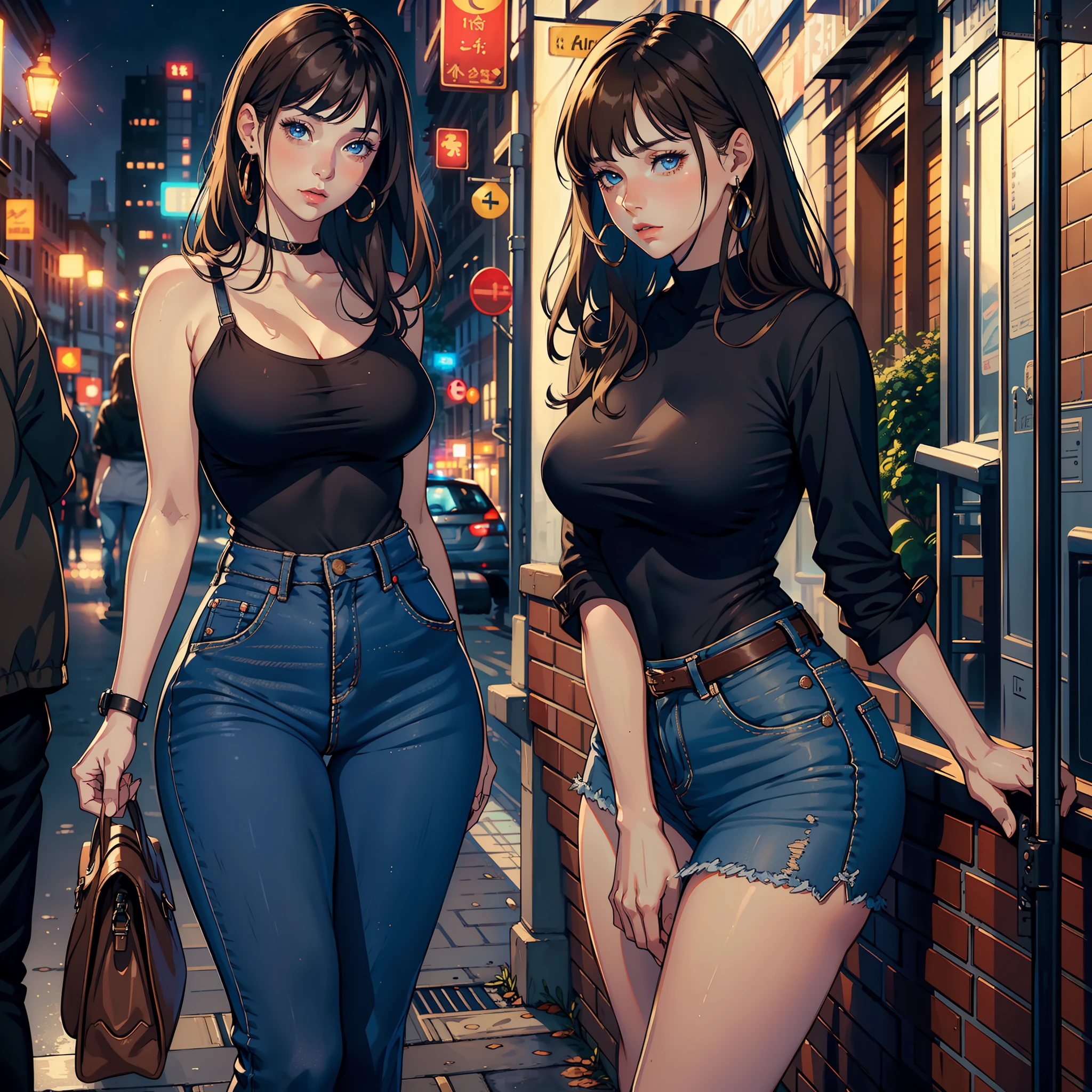 ((realistic: 1.5)),((best quality)), ((masterpiece)),((detailed)), woman, brown hair, bangs, blue pupílas, focus on face, cute expression, long legs, curves, medium breasts, neckline, casual clothing, wide hips, long eyelashes, smoking cigarette, city, night