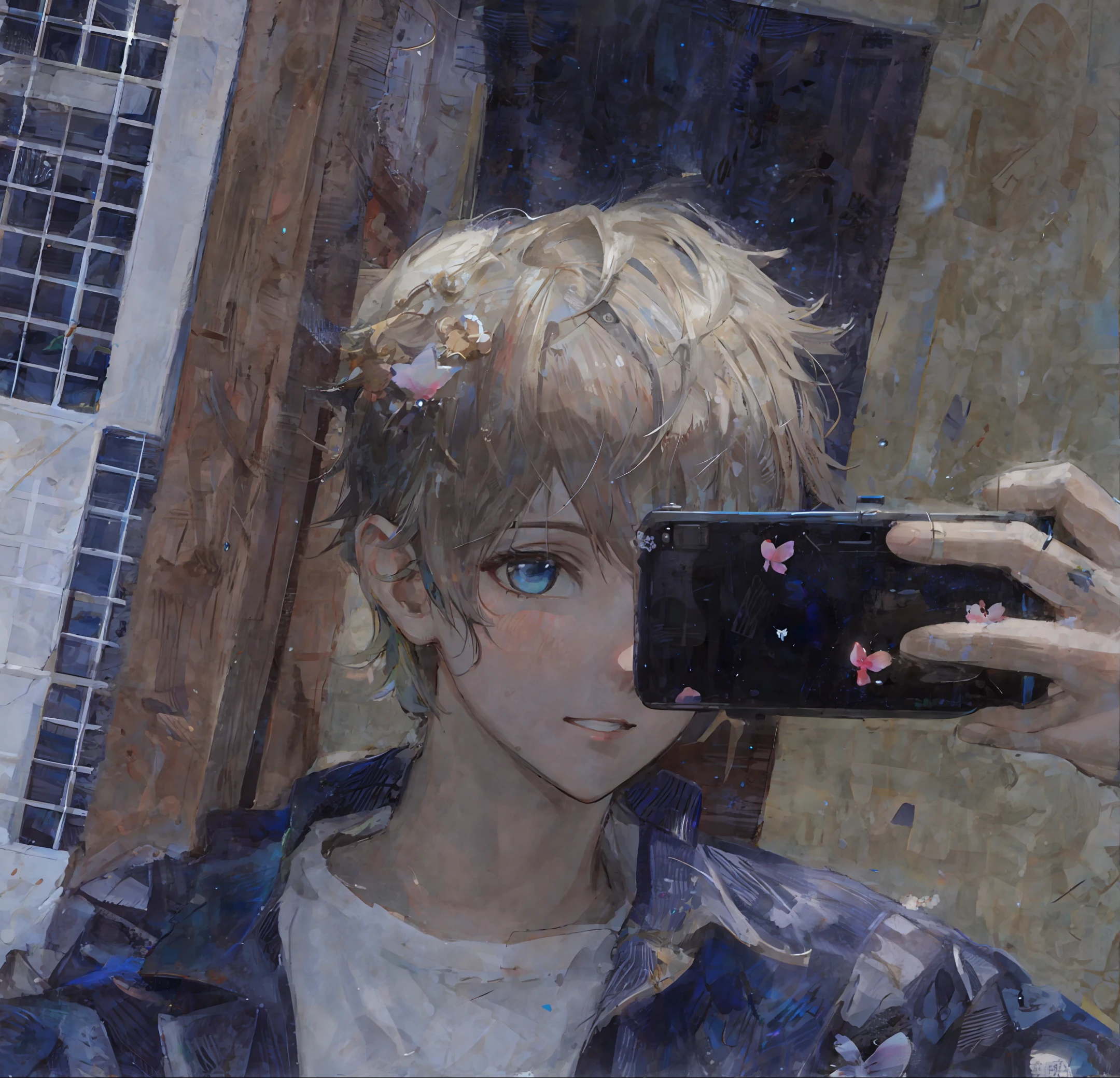 Face close-up, a cute boy and redfish, dreamy, watery eyes, front view, makoto shinkai, underwater, in Otomo Katsuhiro style, look up, redfish surreal boy, glowing in realistic hyper-detail rendering style, yellow, blue, brush, ultra-realistic oil, exaggerated perspective, tyndall effect, water drops, mother-of-pearl iridescent, holographic white, green background