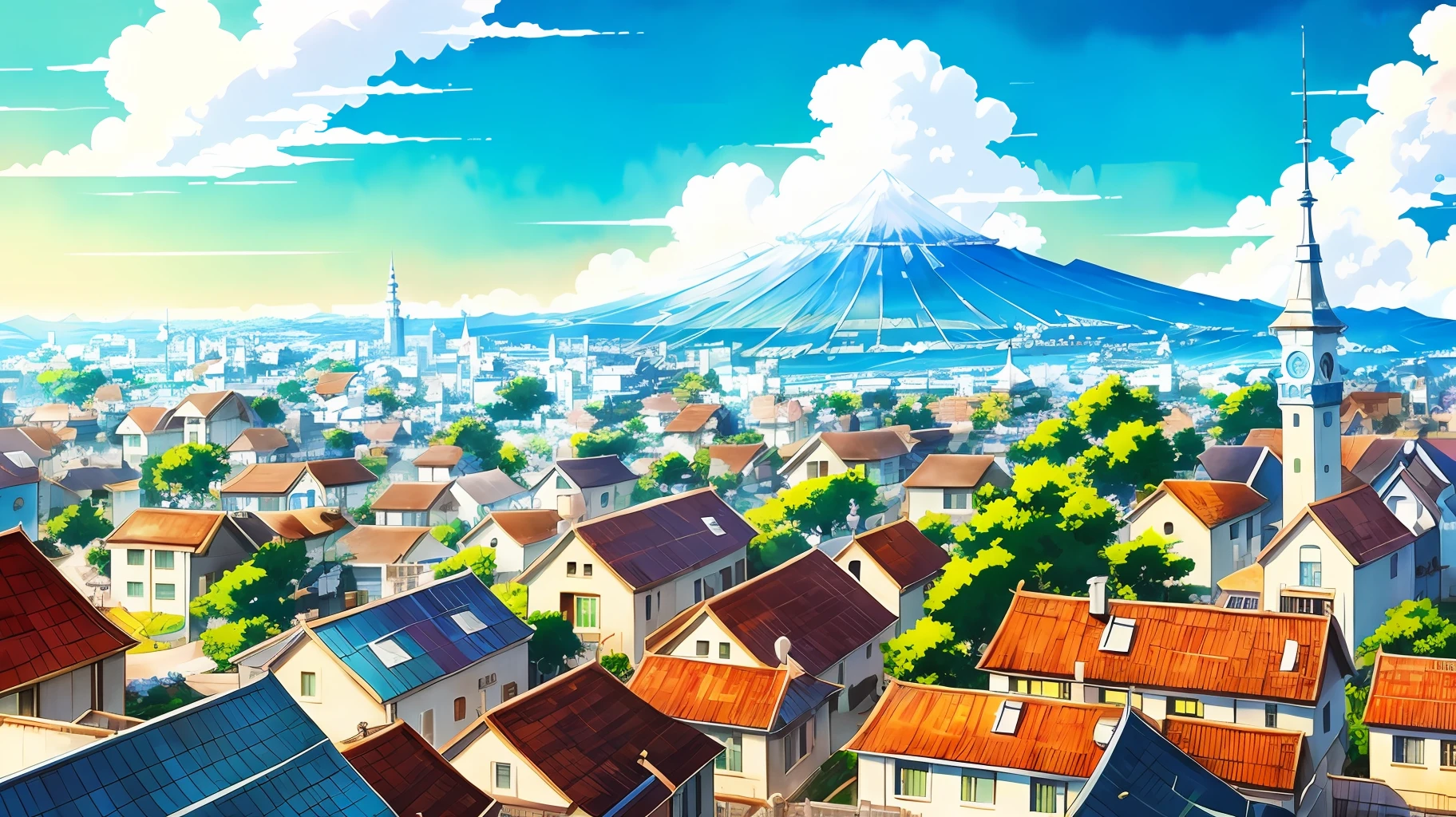 A ultra detailed view of a town, color digital painting, highly detailed, digital painting, artstation, intricate, warm lighting, attractive, high quality, masterpiece, award-winning art, art by Yoshitaka Amano, and Brian Froud, trending on artstation, trending on deviantart, Anime Key Visual, anime coloring, (anime screencap:1.2),(Graphic Novel),(style of anime:1.3), trending on CGSociety