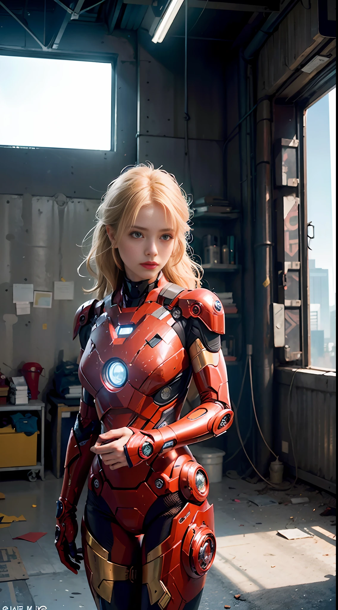 (1girl:1.3), solo,__body-parts__, official art, unity 8k wallpaper, ultra detailed, beautiful and aesthetic, beautiful, masterpiece, best quality, RAW, masterpiece, super fine photo,, best quality, super high Resolution, photorealistic, sunlight, full body portrait, stunningly beautiful,, dynamic pose, delicate face, vibrant eyes, (side view), she is wearing a futuristic Iron Man mech, red and gold, Highly detailed abandoned warehouse background, detailed face, detailed complex busy background, messy, gorgeous, milky, high detailed skin, realistic skin details, visible pores, sharp focus, volumetric fog, 8k uhd, dslr camera, High quality, film grain, fair skin, photorealism, lomography, sprawling metropolis in a futuristic dystopia, view from below, translucent