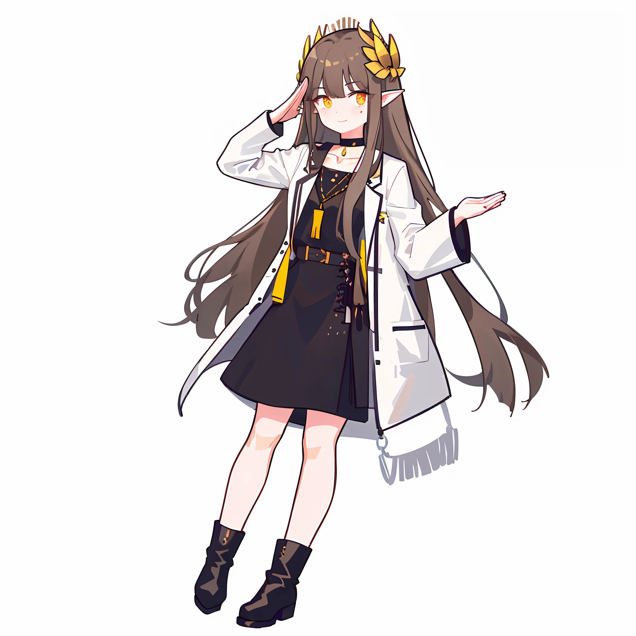 a masterpiece, 1girle, 1girle, solo, long hair, Pointy ears, fully body, Coat, sskirt, mlong sleeves, boots, Black footwear, with a white background, Simple background, Open your clothes, Open coat, very long   hair, Black skirt, white coat, looks at the viewer, Necklaces, smile,, Yellow eyes, (Eyes open: 1.3), Shut Mouth, standding, bangs, black choker, Salute, Dress shirt, hair  ornament, Moles under the eyes, blazer jacket, Gray coat, blush, temple, clavicle, Brown hair, long dress, Stretch your hands, black  hair, the best quality