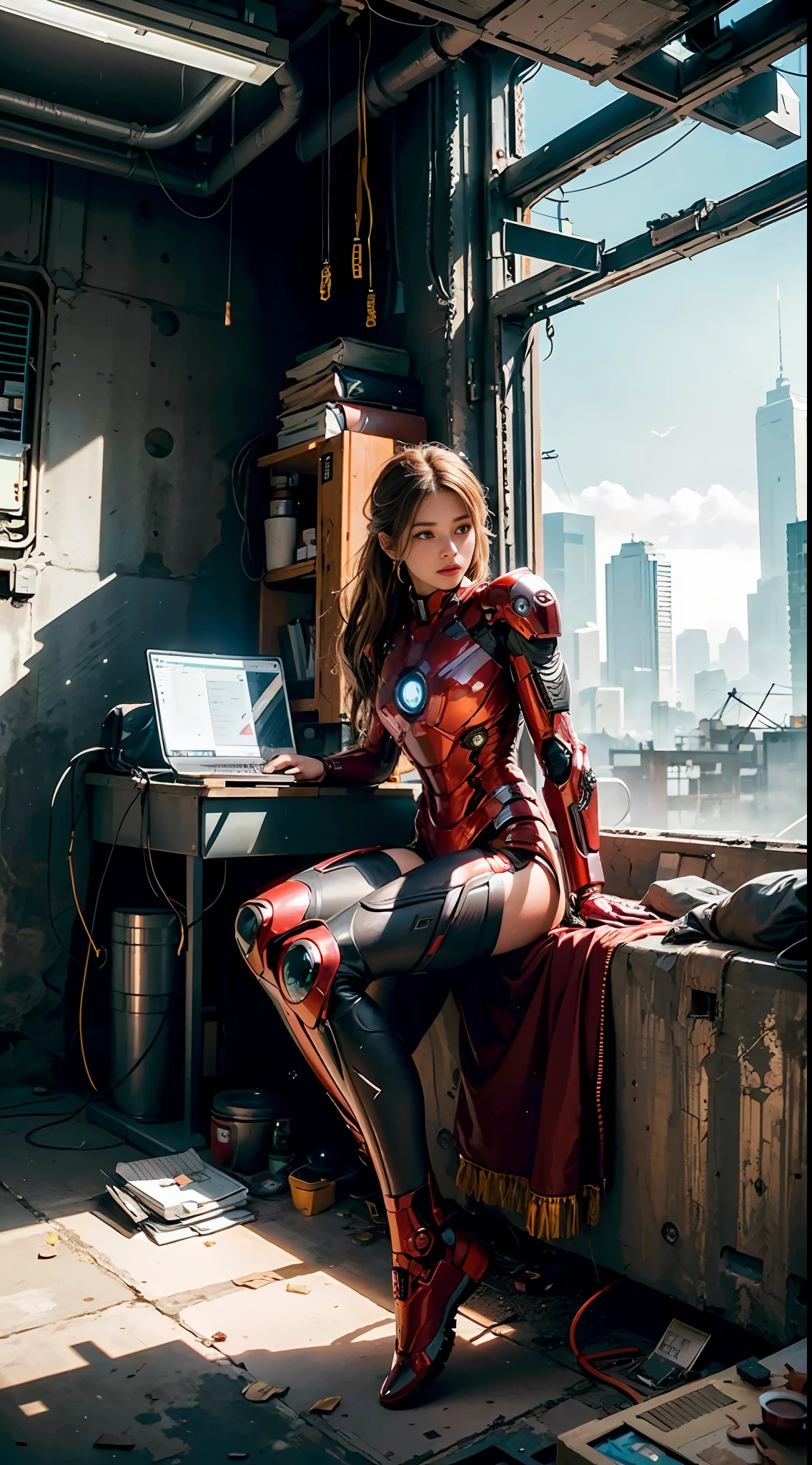 (1girl:1.3), solo,__body-parts__, official art, unity 8k wallpaper, ultra detailed, beautiful and aesthetic, beautiful, masterpiece, best quality, RAW, masterpiece, super fine photo,, best quality, super high Resolution, photorealistic, sunlight, full body portrait, stunningly beautiful,, dynamic pose, delicate face, vibrant eyes, (side view), she is wearing a futuristic Iron Man mech, red and gold, Highly detailed abandoned warehouse background, detailed face, detailed complex busy background, messy, gorgeous, milky, high detailed skin, realistic skin details, visible pores, sharp focus, volumetric fog, 8k uhd, dslr camera, High quality, film grain, fair skin, photorealism, lomography, sprawling metropolis in a futuristic dystopia, view from below, translucent