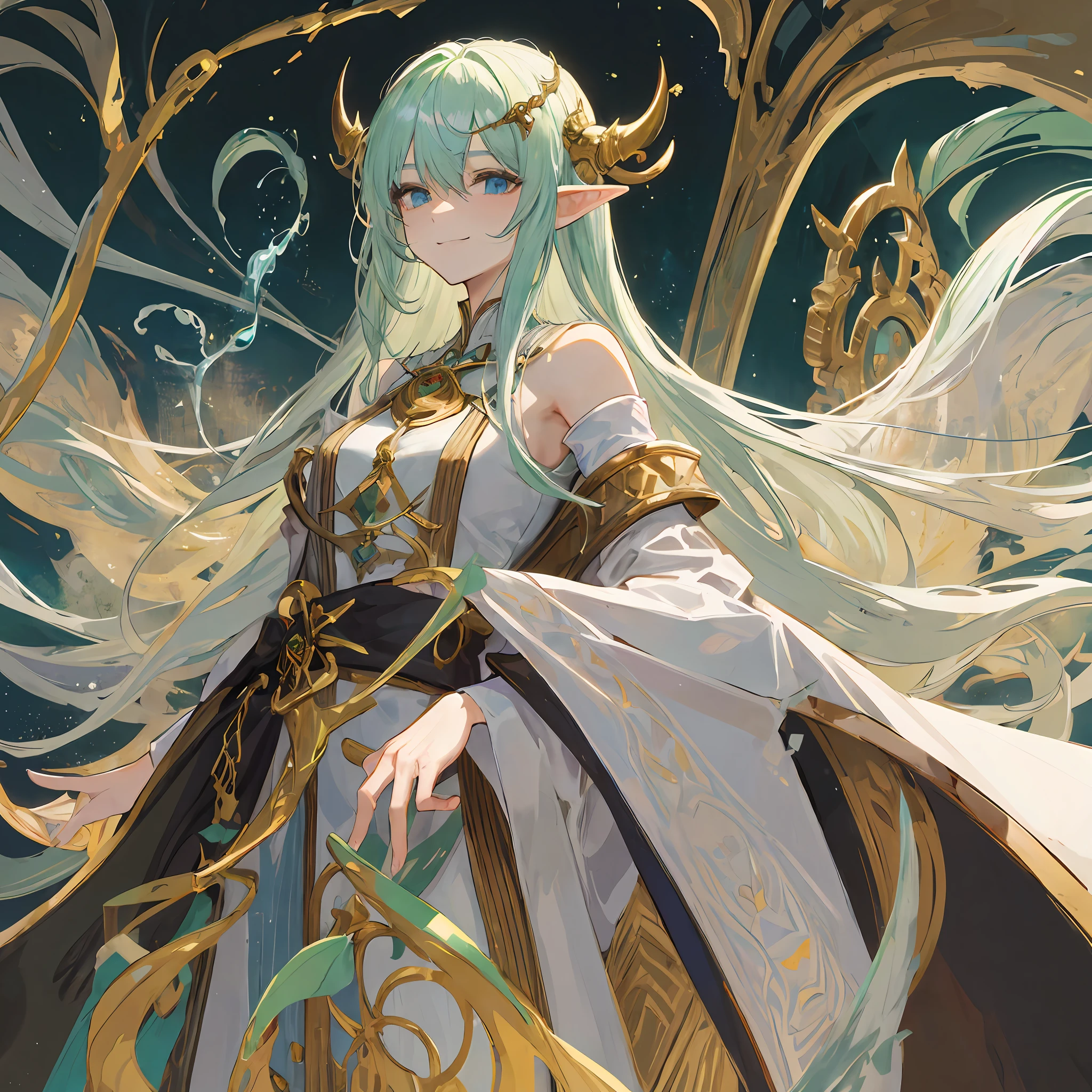 A cruel beautiful girl, wearing a white robe lined with gold, she is alchemist, green flowing hair with psychopath smile, white background, an beautiful elf