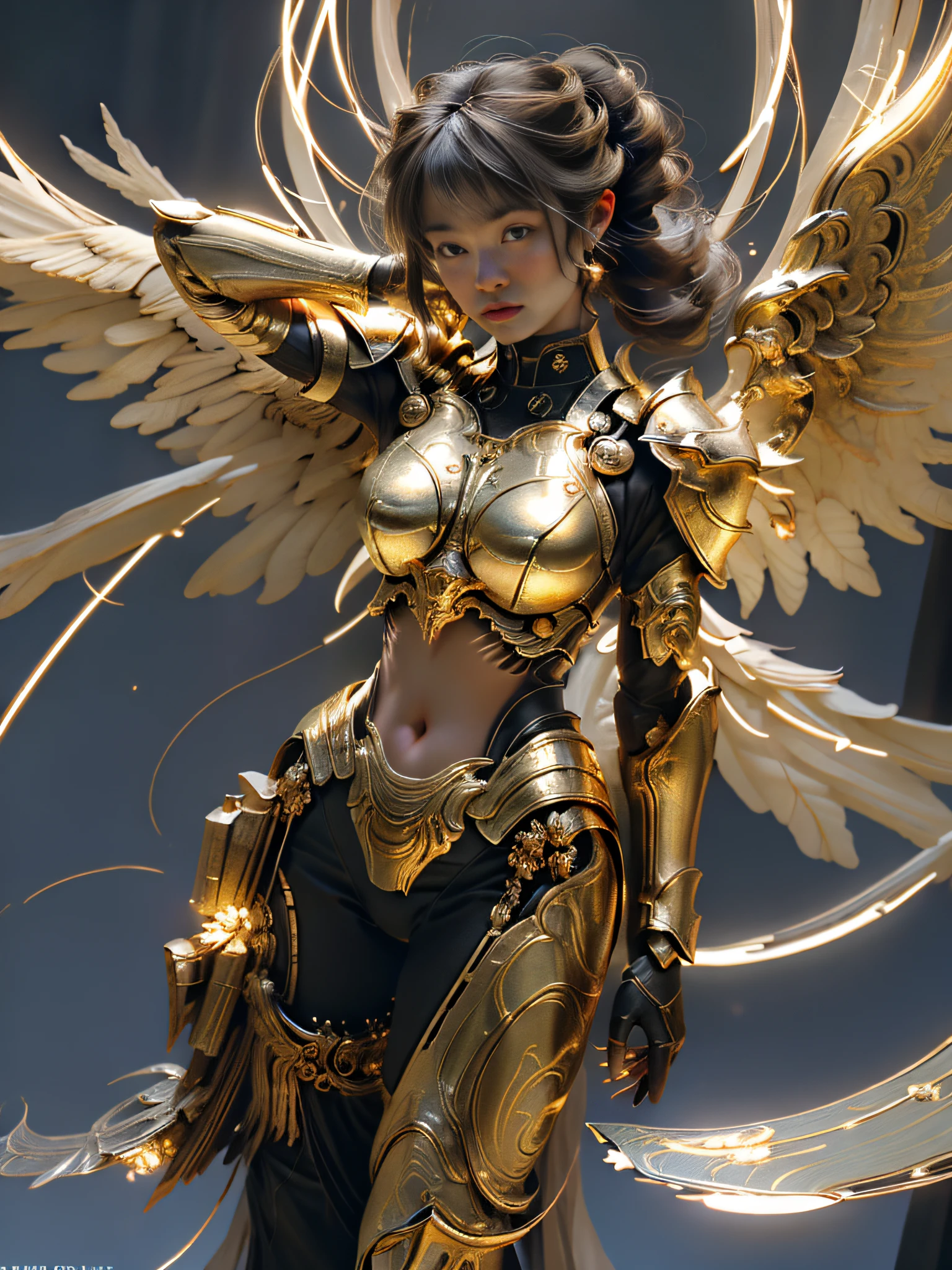 Valkyrie of War, with huge wings, metallic glowing wings, golden glowing background, white-gold three-point armor, bikini, belly skin exposed, legs exposed, arms exposed, golden aperture at back, blonde hair, double bun, bangs, halo, glare, jitome, high detail, cinematic lighting, film grain, lens flare, denim lens, verism, god ray, 8k, super detail, high detail