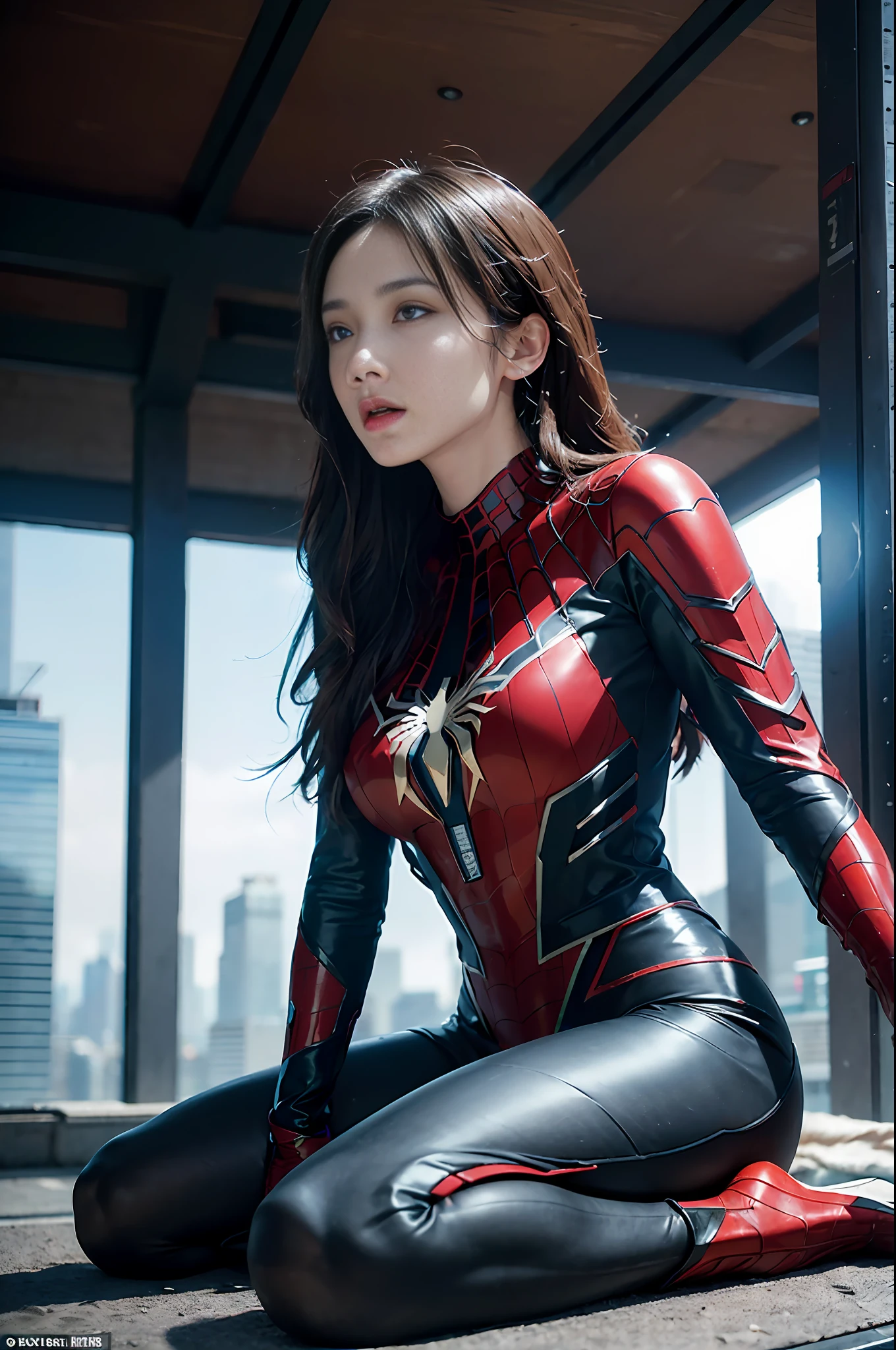 RAW, Masterpiece, Super Fine Photo,, Best Quality, Ultra High Resolution, Photorealistic, Sunlight, Full Body Portrait, Stunningly Beautiful, Dynamic Poses, Delicate Face, Vibrant Eyes, (Side View) , she is wearing a futuristic Iron Lady Spiderman costume, very detailed background, detailed face, detailed and complex busy background, messy, gorgeous, milky, high detailed skin, realistic skin details, visible pores, sharp focus, Volumetric fog, 8k uhd, dslr, high quality, film grain, fair skin, photorealism, lomography, sprawling metropolis in a futuristic dystopia, view from below, translucent