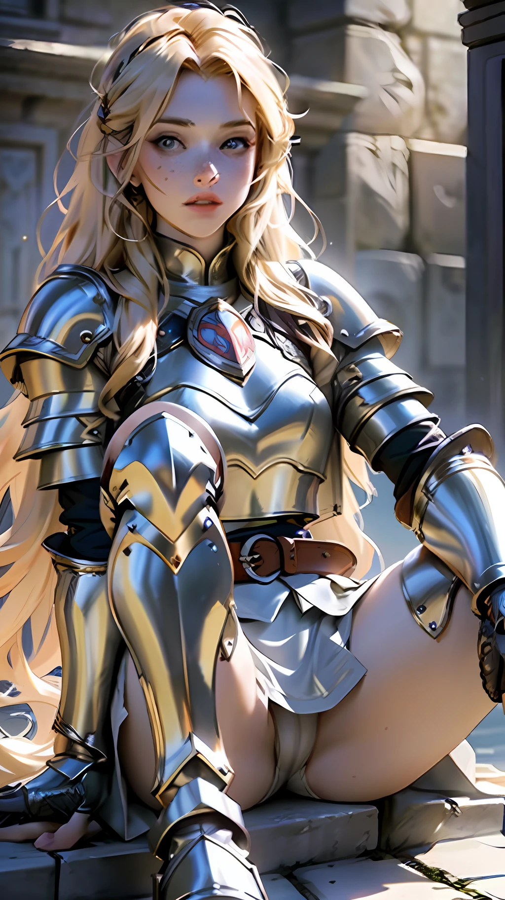 Blonde warrior, best quality, ultra detailed, 1 girl, cute, freckles on face, long hair, straight hair, beautiful, medieval fantasy, medieval, armor, steel breastplate, steel gauntlets, steel gloves, steel boots, sitting, legs open, legs raised, short skirt, blue skirt, white panties, panties appearing, thong, redhead, realistic, D&D, sitting, legs open, upskirt, cameltoe,  pantyshot, ultra realistic, wallpaper,