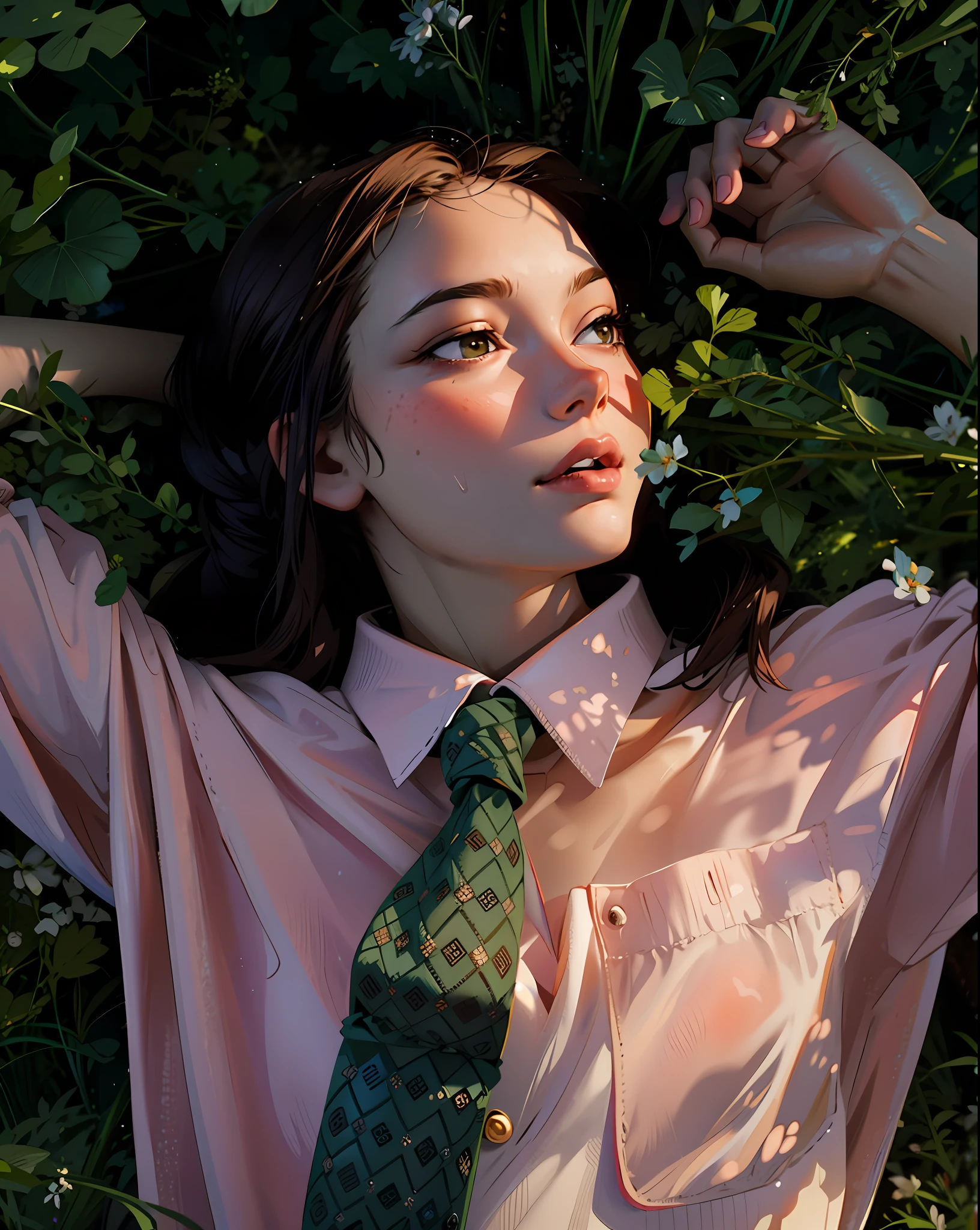 a hyper-realistic portrait of a young woman, half asleep, under a tree, inside a forest, lots of rain, in the middle of nature, 22 years old, realistic, (lying on her side), she is wearing a red panties, (wearing minimal dress), sexy, (huge breasts 2:1), wet clothing, short brown hair, (hair tied with bows), curved, SFW