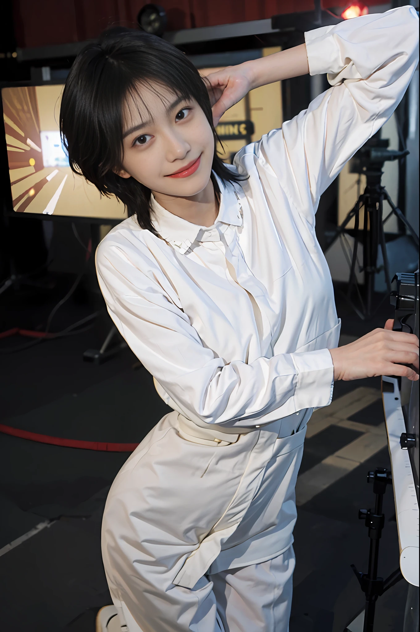 8K, Best Quality, Masterpiece, Ultra High Resolution, (Live Streamer: 1.5), (Realism: 1.4), (Actor Shooting Angle), 1 Girl, (Short Hair) Beautiful Eyes and Face Details, With a Smile, Masterpiece, Best Quality, Close-up, Full Body, Looking at the Camera