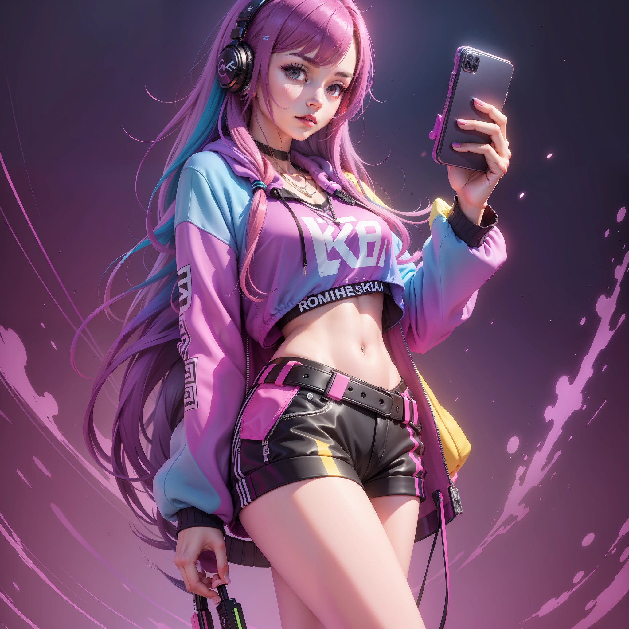 K, High Masterpiece, Confident lol, High Leg, Pro Photo, Rock Singer, 1girl, Solo, Rainbow Hair, Hoodie, Straight Hair, Hands on Smartphone, Headphones, Long Hair, Neon, Colorful Background