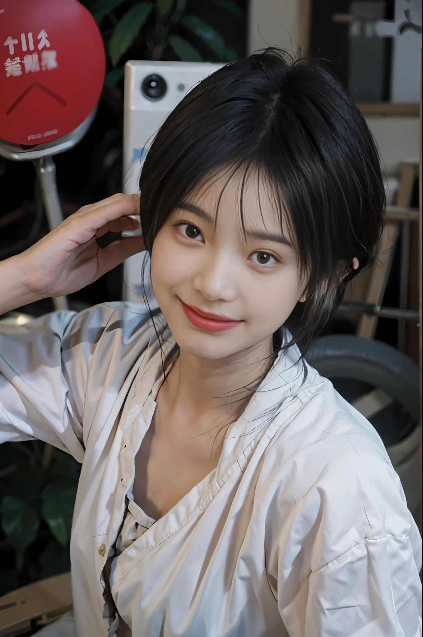 8K, Best Quality, Masterpiece, Ultra High Resolution, (Live Streamer: 1.5), (Realism: 1.4), (Actor Shooting Angle), 1 Girl, (Short Hair) Beautiful Eyes and Face Details, With a Smile, Masterpiece, Best Quality, Close-up, Full Body, Looking at the Camera