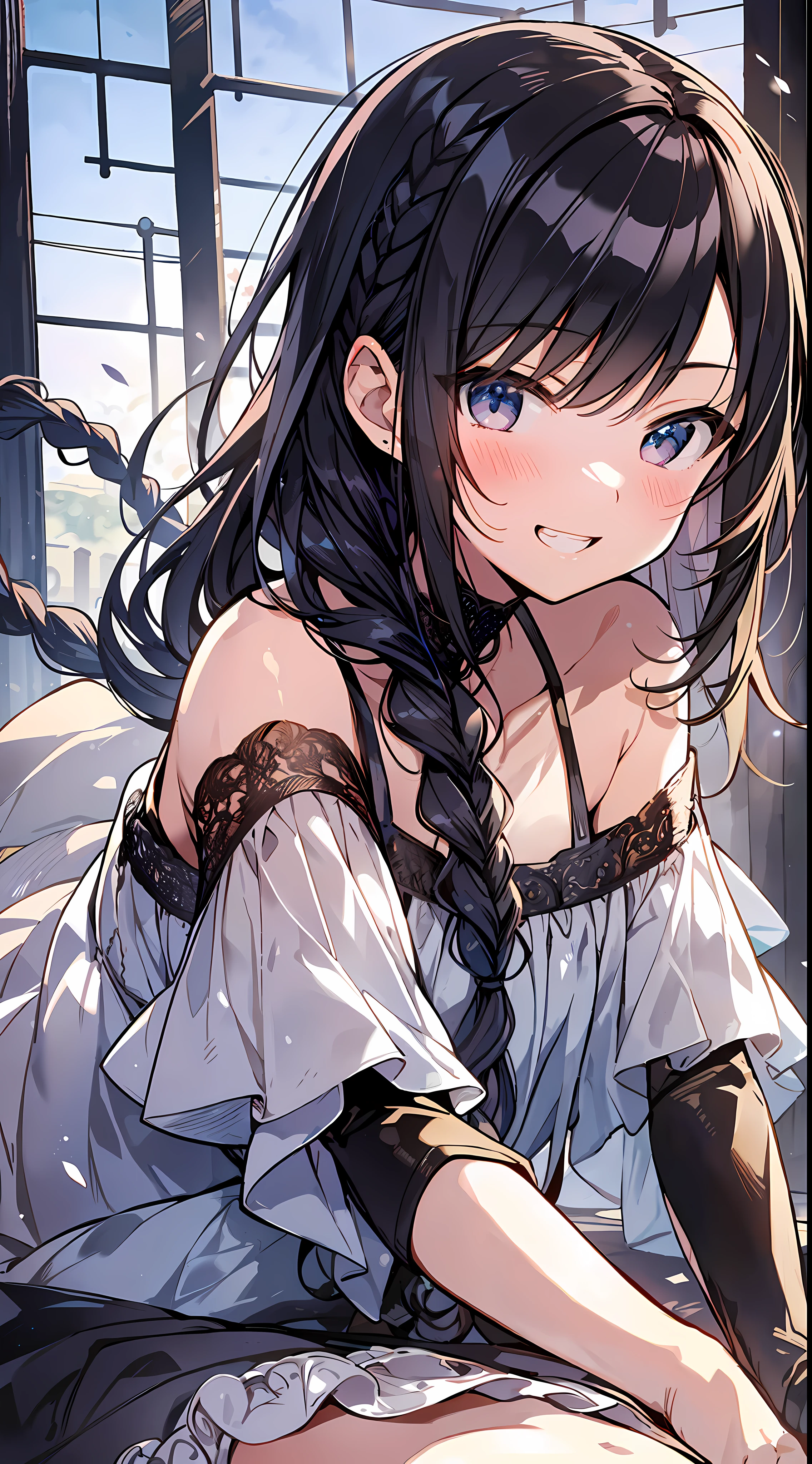 Best Quality, Best Masterpiece, Ultra High Definition, 8k, Riders Fashion, Shojo Manga Style Loli, Single, Soft Line Art, Digital Enhancement, Shoujo Manga Touch, Shojo Manga Core, Flowing Fabric, Close Up, ((Hair length to shoulder and short braid)), staring at us from the front, soft drawing, Beautiful black hair, Clear eyes, grin, teeth, Wide mouth, ultra-detailed digital anime art, clear face depiction, ultra-detailed shojo manga character art, ultra-detailed manga style, top quality colors, hand gestures, foot-up angles, outdoor